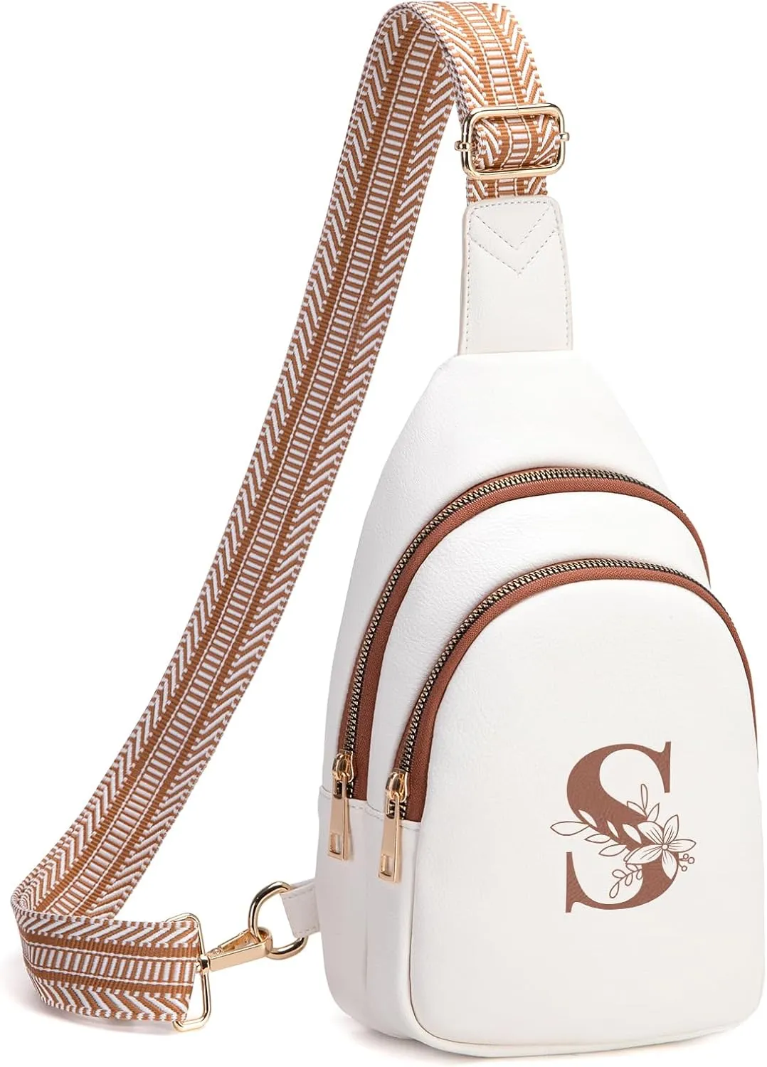 Personalized Mothers Day Gifts Initial Sling Bag PU Crossbody Bags for Women Mother's Day Birthday Gifts for Women Mom Sister Wife (Beige with Brown-S)