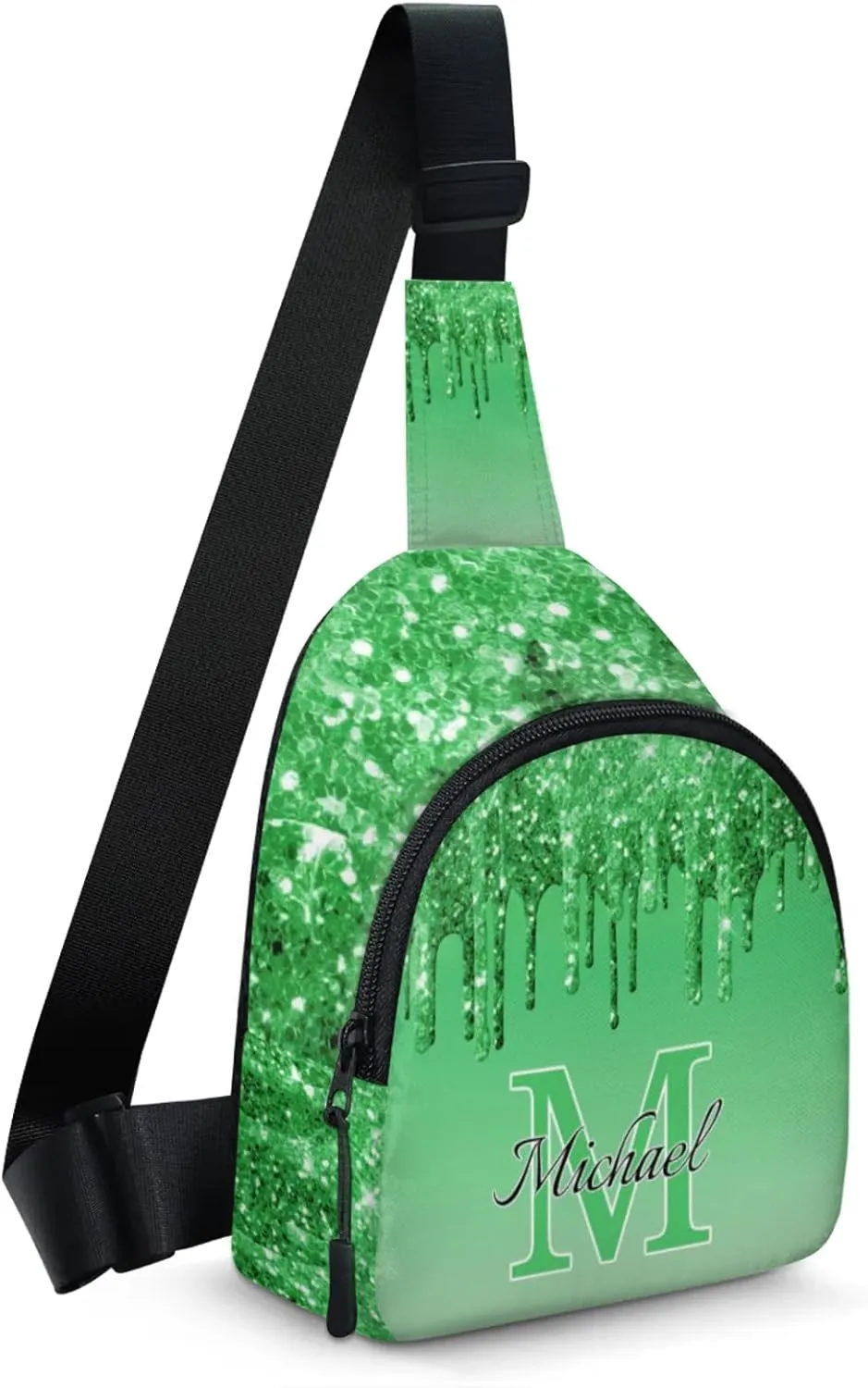Personalized Sling Bag with Initial Name Custom Crossbody Sling Backpack Customize Chest Bag Daypack for Men Women, Green Glitter