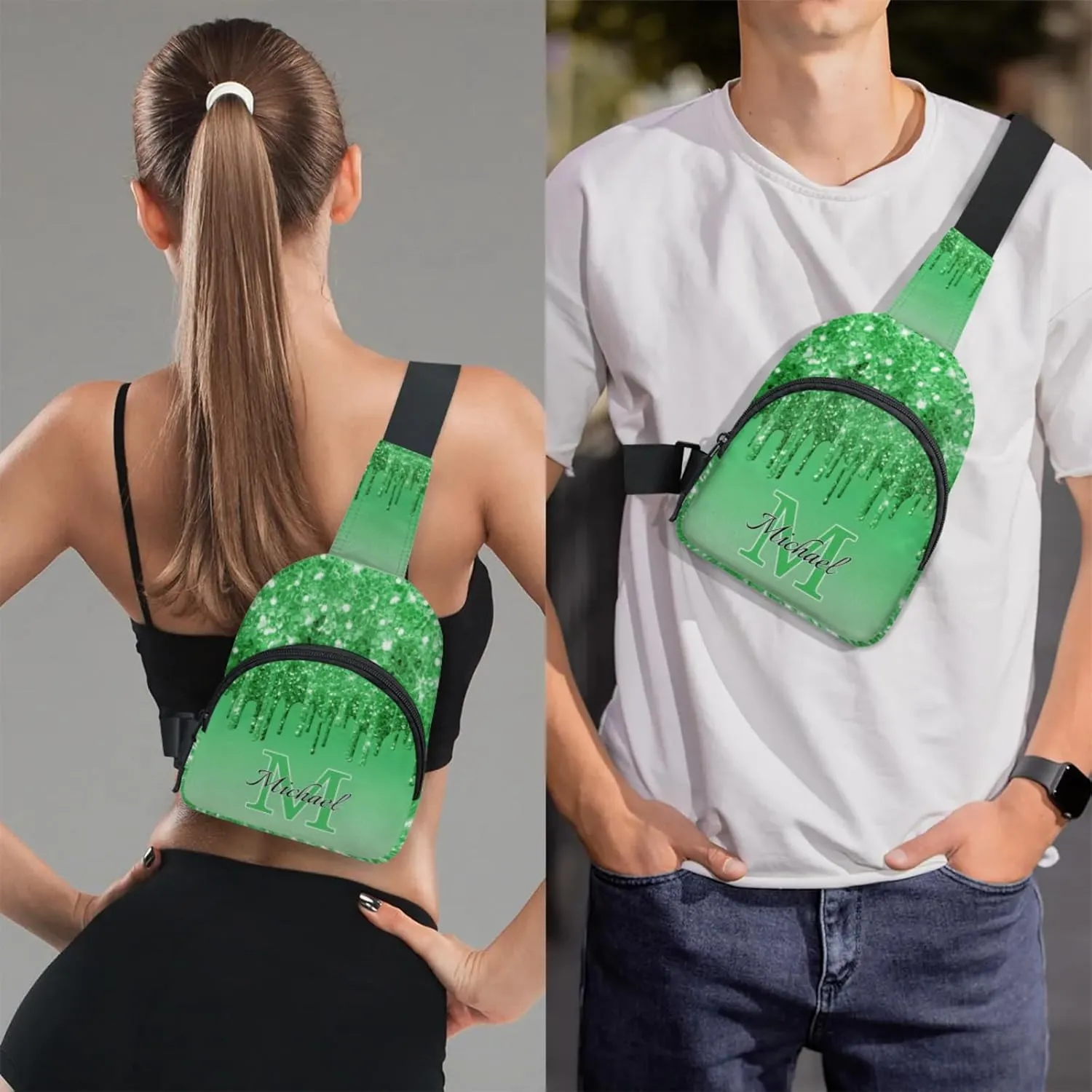 Personalized Sling Bag with Initial Name Custom Crossbody Sling Backpack Customize Chest Bag Daypack for Men Women, Green Glitter