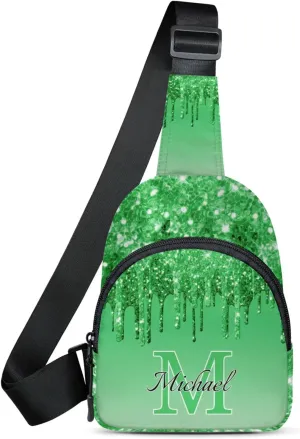 Personalized Sling Bag with Initial Name Custom Crossbody Sling Backpack Customize Chest Bag Daypack for Men Women, Green Glitter