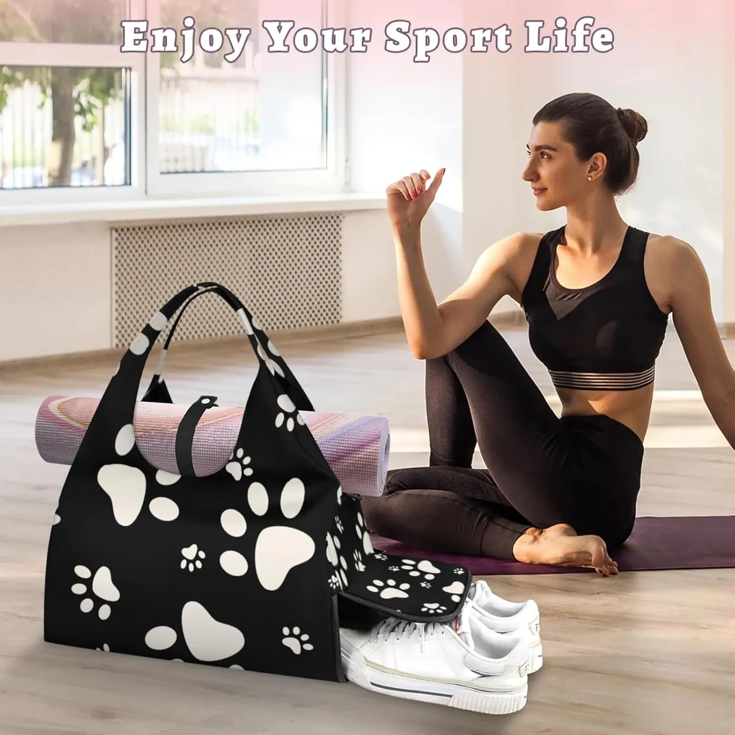 Pet Paws Paper Gym Bag Yoga Mat Tote for Women with Shoes Compartment Lightweight Duffle Travel Carrier Wet Dry Storage Pockets Adjustable Pilates Mats Shoulder Bags for Sport Swim