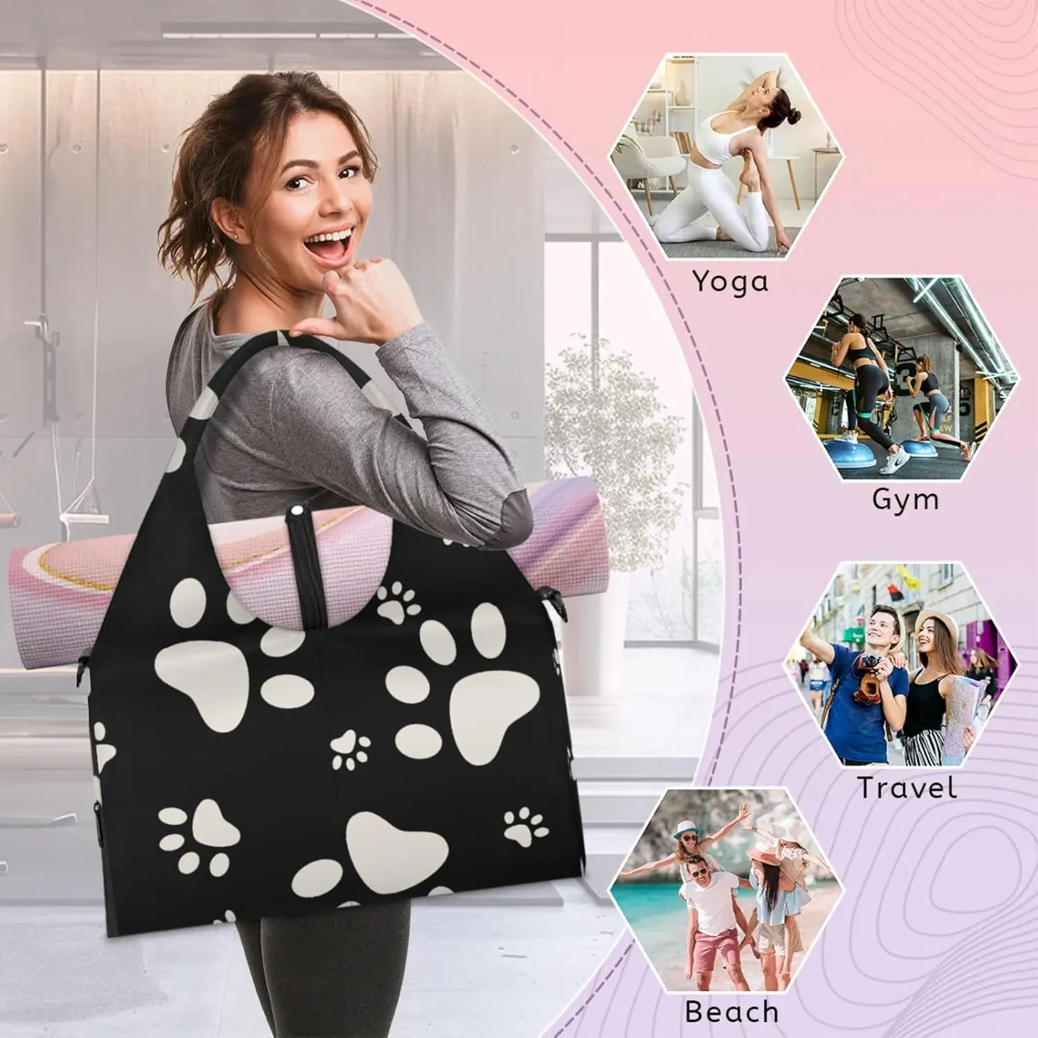 Pet Paws Paper Gym Bag Yoga Mat Tote for Women with Shoes Compartment Lightweight Duffle Travel Carrier Wet Dry Storage Pockets Adjustable Pilates Mats Shoulder Bags for Sport Swim