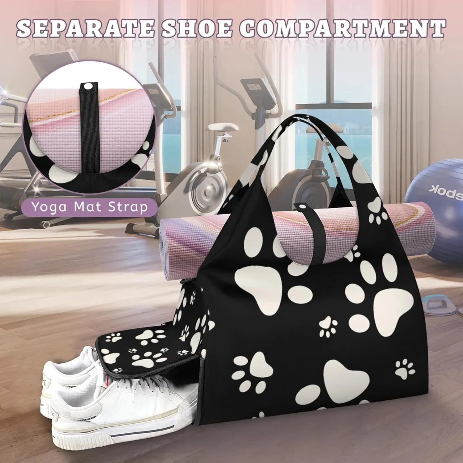 Pet Paws Paper Gym Bag Yoga Mat Tote for Women with Shoes Compartment Lightweight Duffle Travel Carrier Wet Dry Storage Pockets Adjustable Pilates Mats Shoulder Bags for Sport Swim