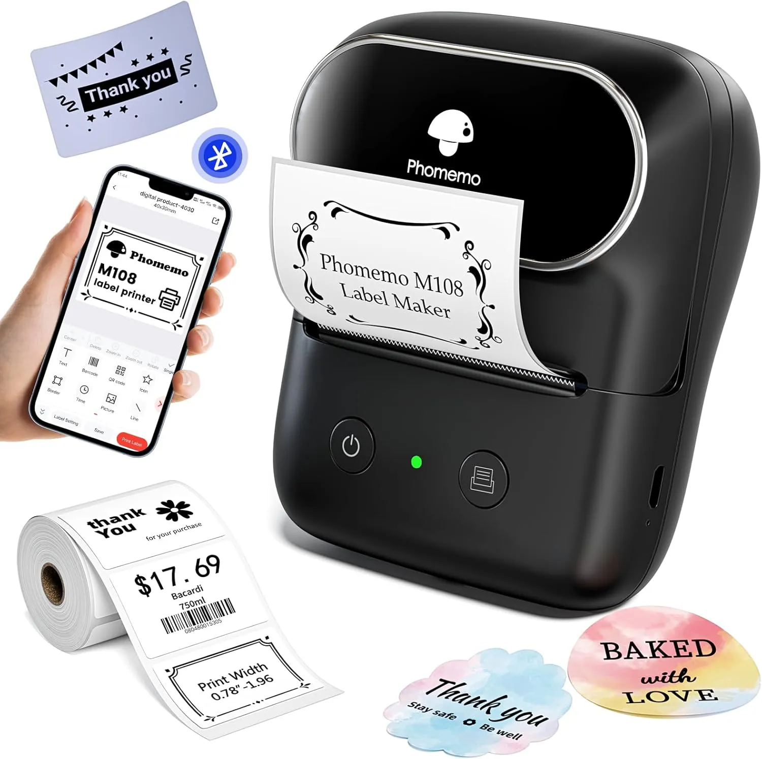 Phomemo Label Maker - M108 Bluetooth Address Label Makers for Small Business, Home, Office, 2 Inch Barcode Label Printer with 300  Templates, Sticker Printer for Address/Logo/Clothing Label, Black