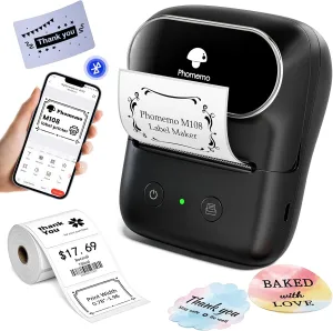 Phomemo Label Maker - M108 Bluetooth Address Label Makers for Small Business, Home, Office, 2 Inch Barcode Label Printer with 300  Templates, Sticker Printer for Address/Logo/Clothing Label, Black