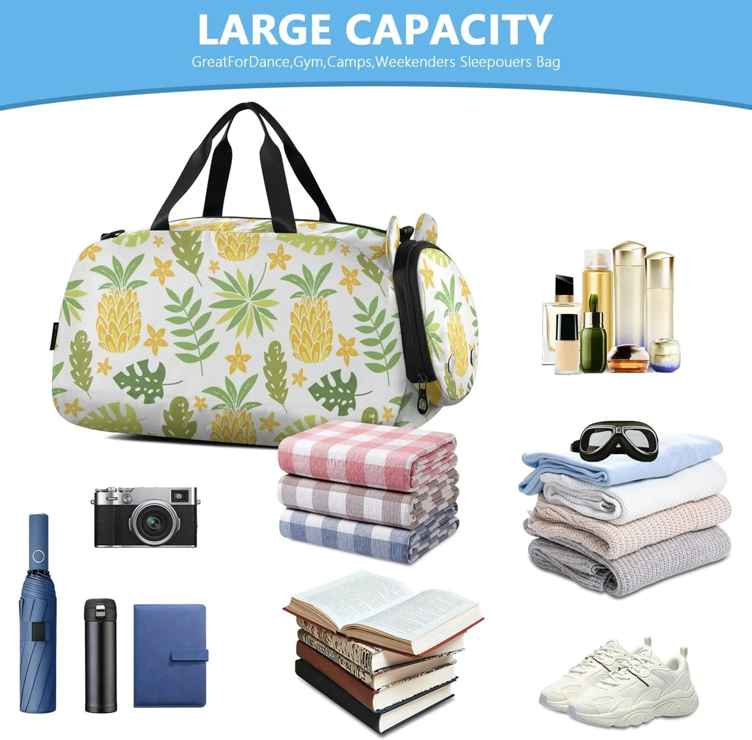 Pineapple Tropical Leaves Palm Trees Duffel Bag with Shoes Compartment Lightweight Travel Duffel Bag for Beach Swim Bags Pool Sports