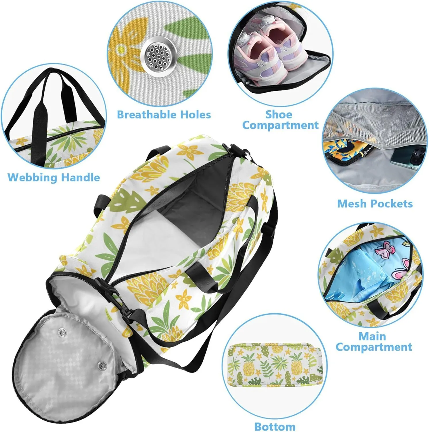 Pineapple Tropical Leaves Palm Trees Duffel Bag with Shoes Compartment Lightweight Travel Duffel Bag for Beach Swim Bags Pool Sports