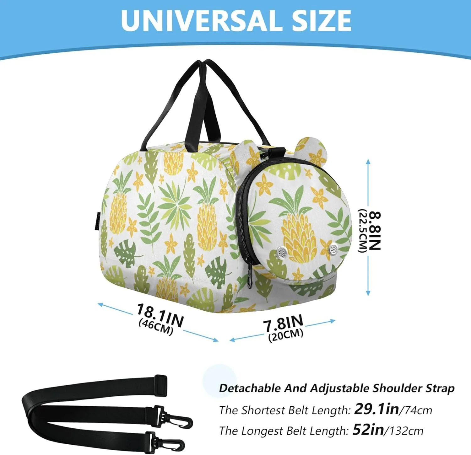 Pineapple Tropical Leaves Palm Trees Duffel Bag with Shoes Compartment Lightweight Travel Duffel Bag for Beach Swim Bags Pool Sports