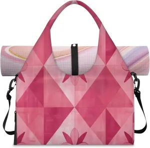 Pink geometric flowers Women's Yoga Gym Bag - Adjustable shoulder strap with shoe compartment, large gym bag with multiple pockets for yoga mat, gym equipment and travel accessories