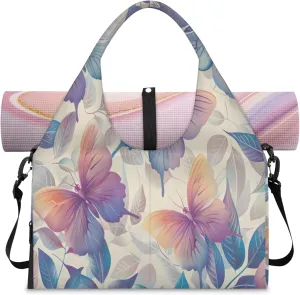 Pink Gradient Butterfly Women's Yoga Gym Bag - Adjustable shoulder strap with shoe compartment, large gym bag with multiple pockets for yoga mat, gym equipment and travel accessories
