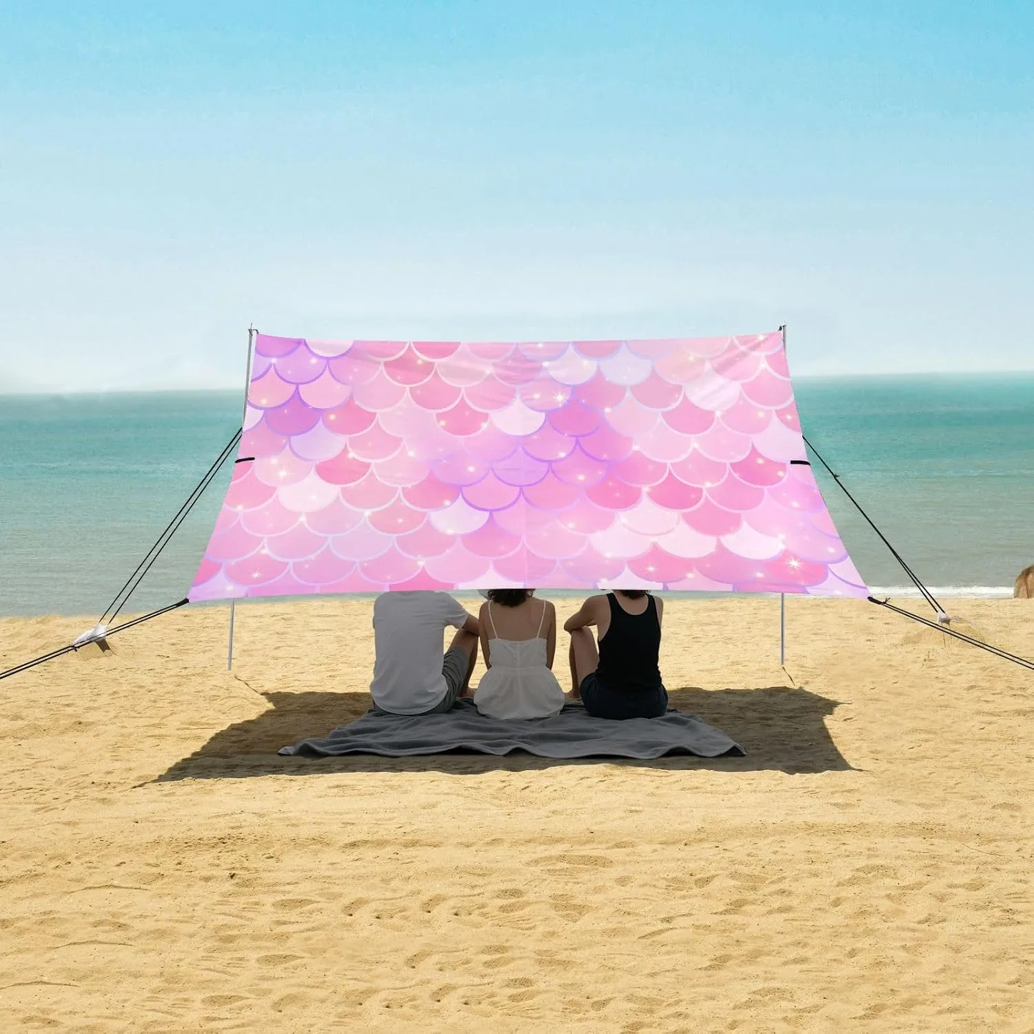 Pink Mermaid Scale and Stars Beach Canopy Tent Anti-UV & Wind Resistant, Camping Sun Shelter Easy Setup Portable,Outdoor Shade Tents with Sandbags,Sand Shovels,Ground Pegs & Stability Poles