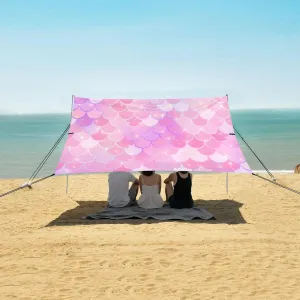 Pink Mermaid Scale and Stars Beach Canopy Tent Anti-UV & Wind Resistant, Camping Sun Shelter Easy Setup Portable,Outdoor Shade Tents with Sandbags,Sand Shovels,Ground Pegs & Stability Poles
