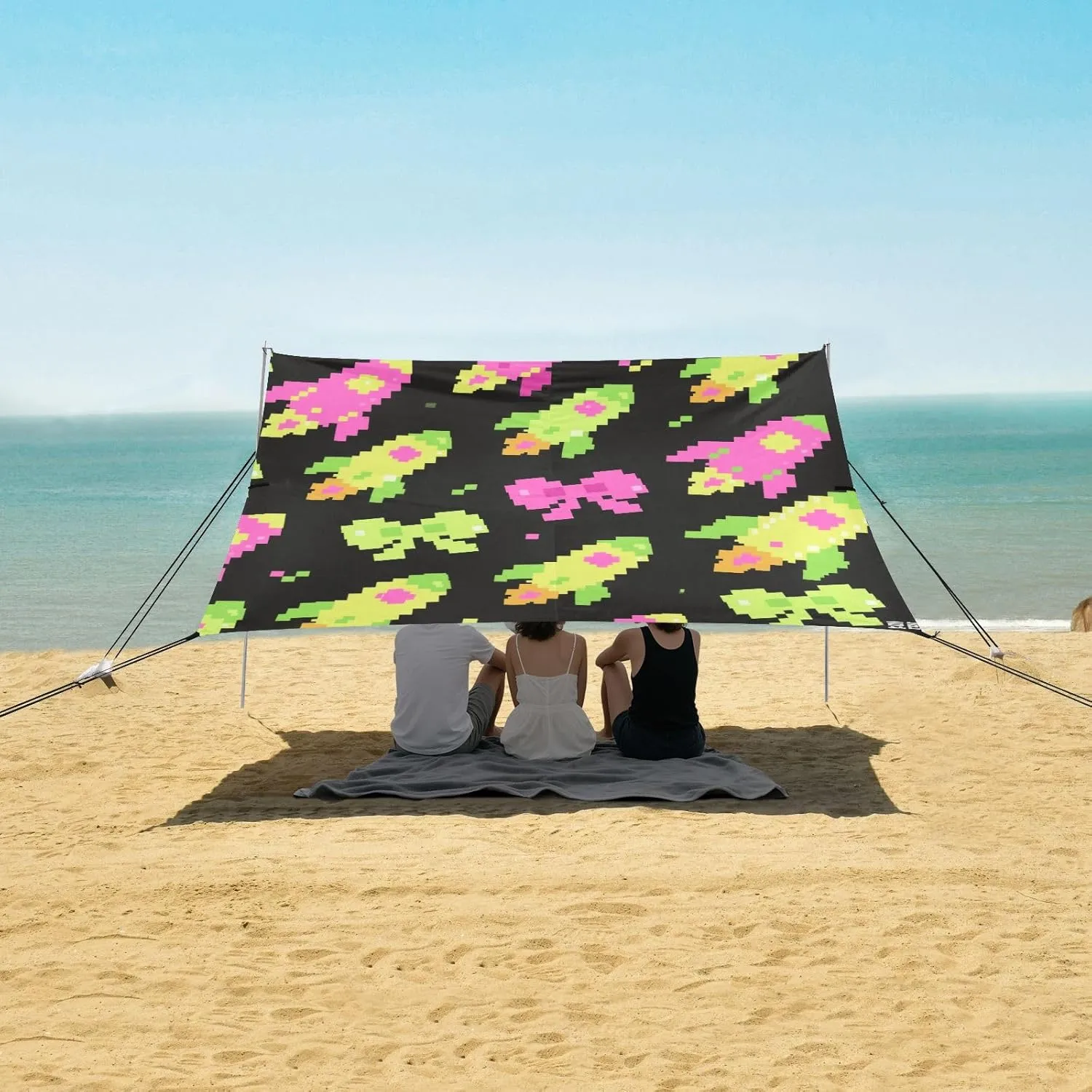 Pixel Style Bows Rockets Beach Canopy Tent Anti-UV & Wind Resistant, Camping Sun Shelter Easy Setup Portable,Outdoor Shade Tents with Sandbags,Sand Shovels,Ground Pegs & Stability Poles