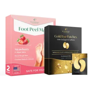 PLANTIFIQUE Foot Peeling Mask Strawberry 2 pack and Gold Under Eye Patches for Puffy Eyes and Dark Circles 20 Pairs