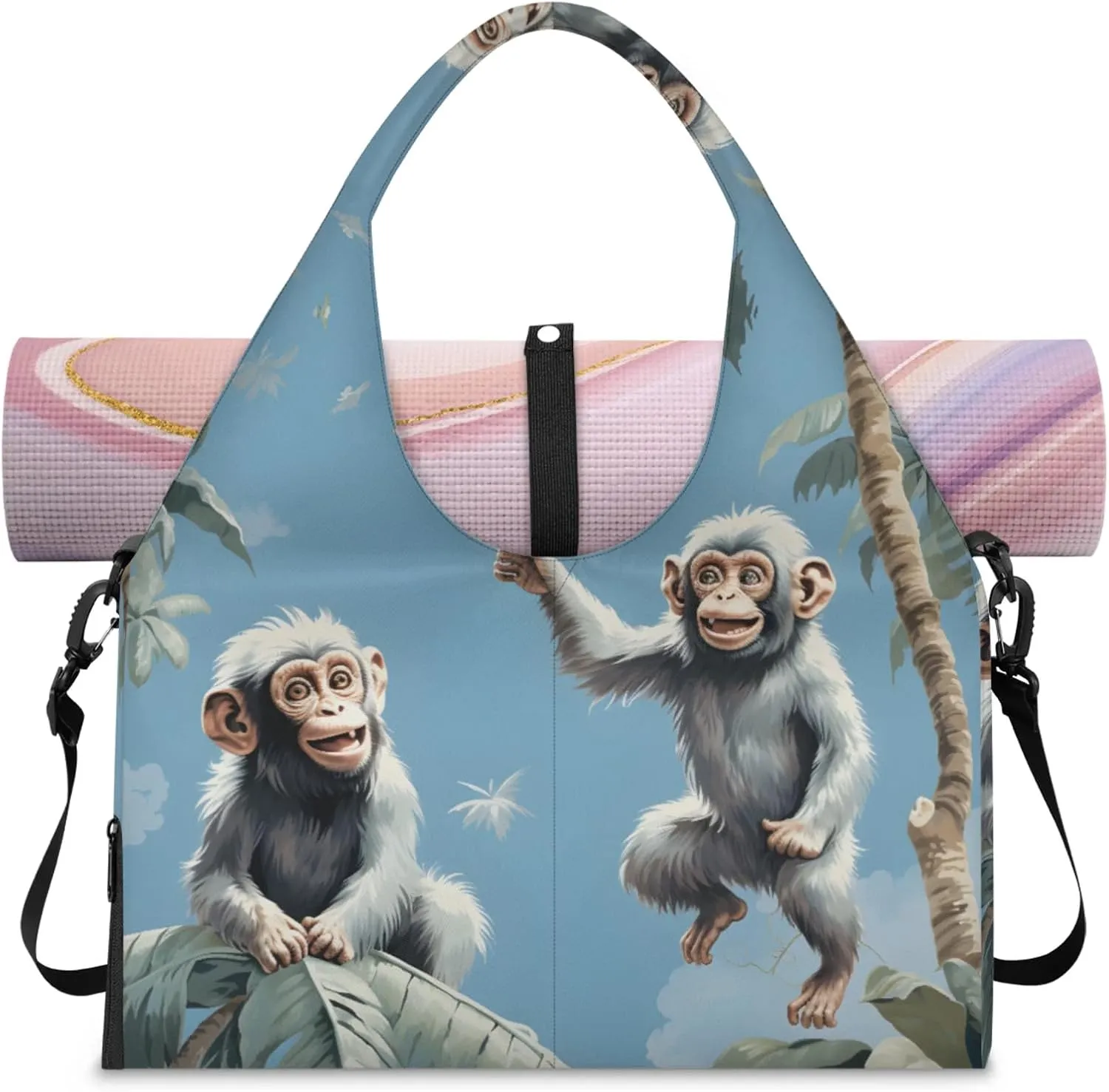 Playful monkeys Women's Yoga Gym Bag - Adjustable shoulder strap with shoe compartment, large gym bag with multiple pockets for yoga mat, gym equipment and travel accessories