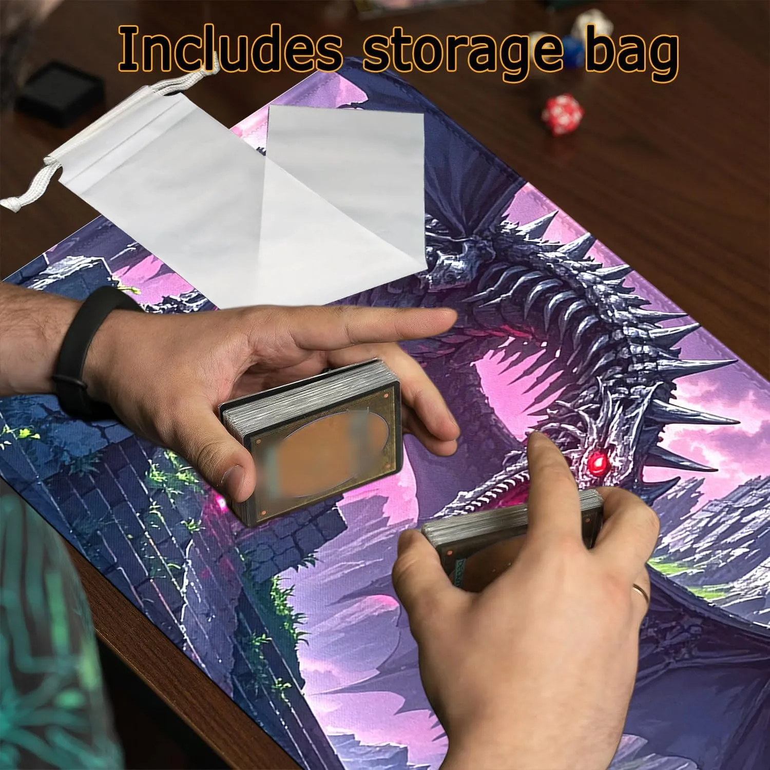 Playmat for MTG- Stitched Edges TCG Playmat- 24x14 inches Non-Slip Dragon MTG Playmat Smooth Surface Rubber Base Board Game Mousepad for Trading Card Game Playing Includes Storage Bags