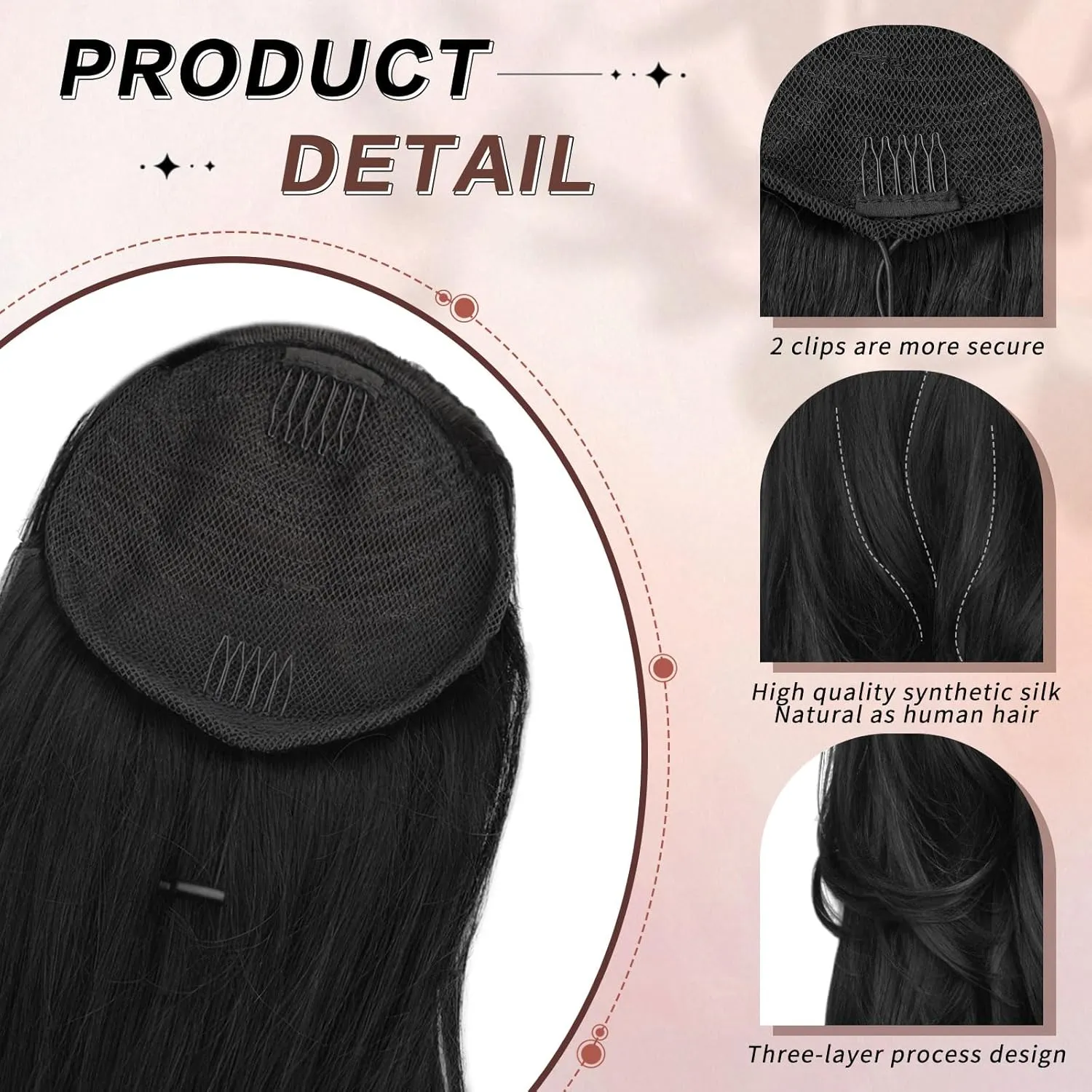 Ponytail Extension, 26 Inch Drawstring Ponytail Extension for Women Long Black Wavy Layered Pony Tails Hair Extensions Synthetic Clip in Ponytail Hairpiece for Women