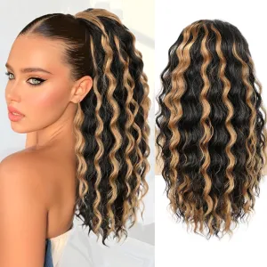 Ponytail Extension, Curly Drawstring Ponytail Extension for Women 18 Inch Curly Wavy Ponytail Yaki Textured Natural Fluffy Synthetic Hairpiece for Daily Use
