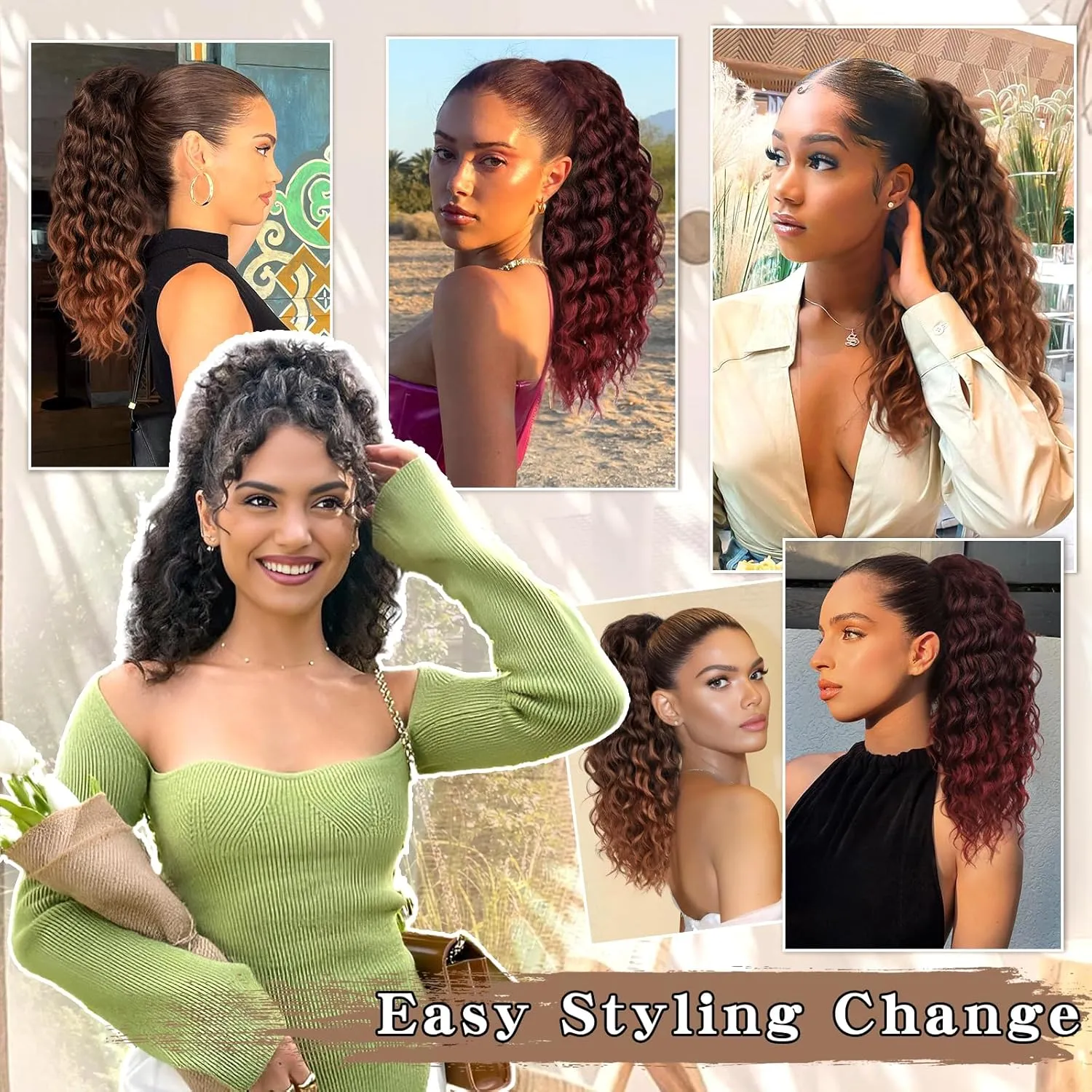 Ponytail Extension, Curly Drawstring Ponytail Extension for Women 18 Inch Curly Wavy Ponytail Yaki Textured Natural Fluffy Synthetic Hairpiece for Daily Use