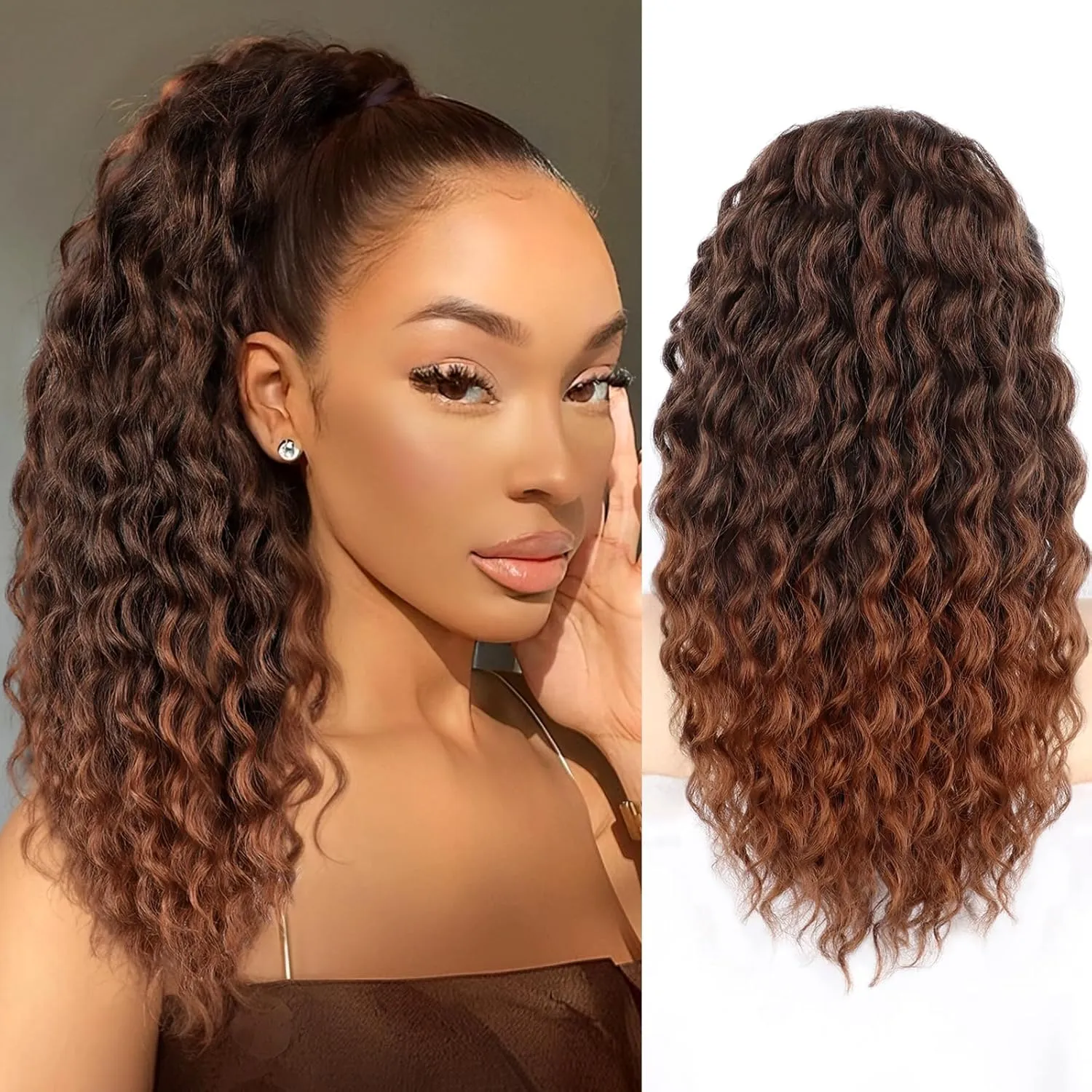 Ponytail Extension, Curly Drawstring Ponytail Extension for Women 18 Inch Curly Wavy Ponytail Yaki Textured Natural Fluffy Synthetic Hairpiece for Daily Use