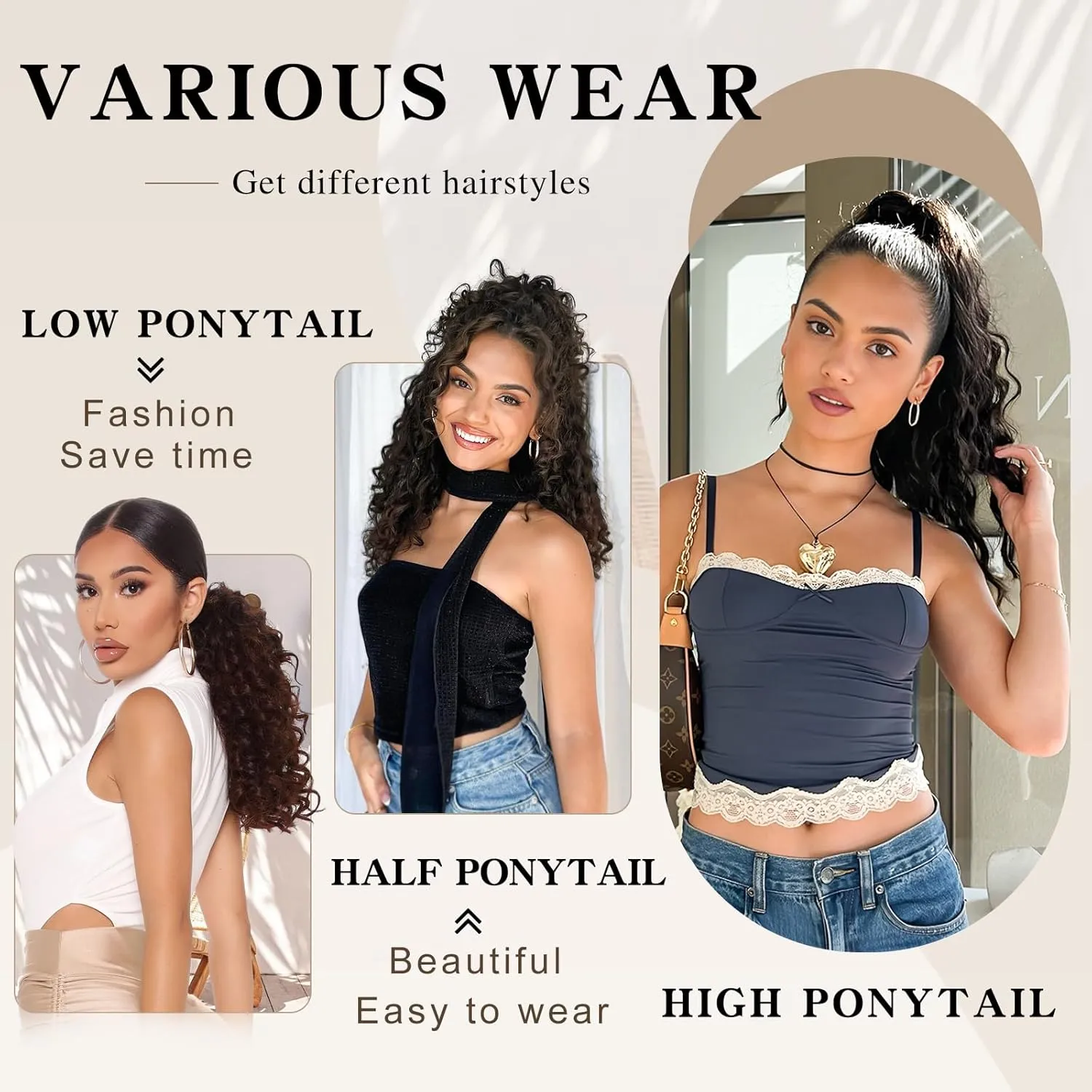 Ponytail Extension, Curly Drawstring Ponytail Extension for Women 18 Inch Curly Wavy Ponytail Yaki Textured Natural Fluffy Synthetic Hairpiece for Daily Use