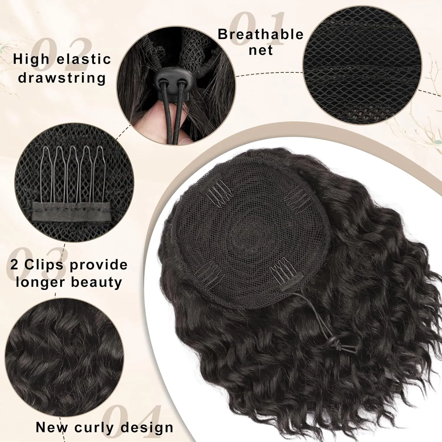 Ponytail Extension, Curly Drawstring Ponytail Extension for Women 8 Inch Curly Wavy Ponytail Yaki Textured Natural Fluffy Synthetic Hairpiece for Daily Use