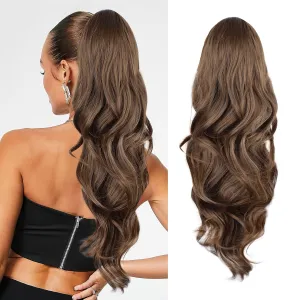 Ponytail Extension, Drawstring Ponytail Extension for Women 26 Inch Long Wavy Light Brown Pony Tails Hair Extensions Synthetic Clip in Ponytail Hairpiece for Women