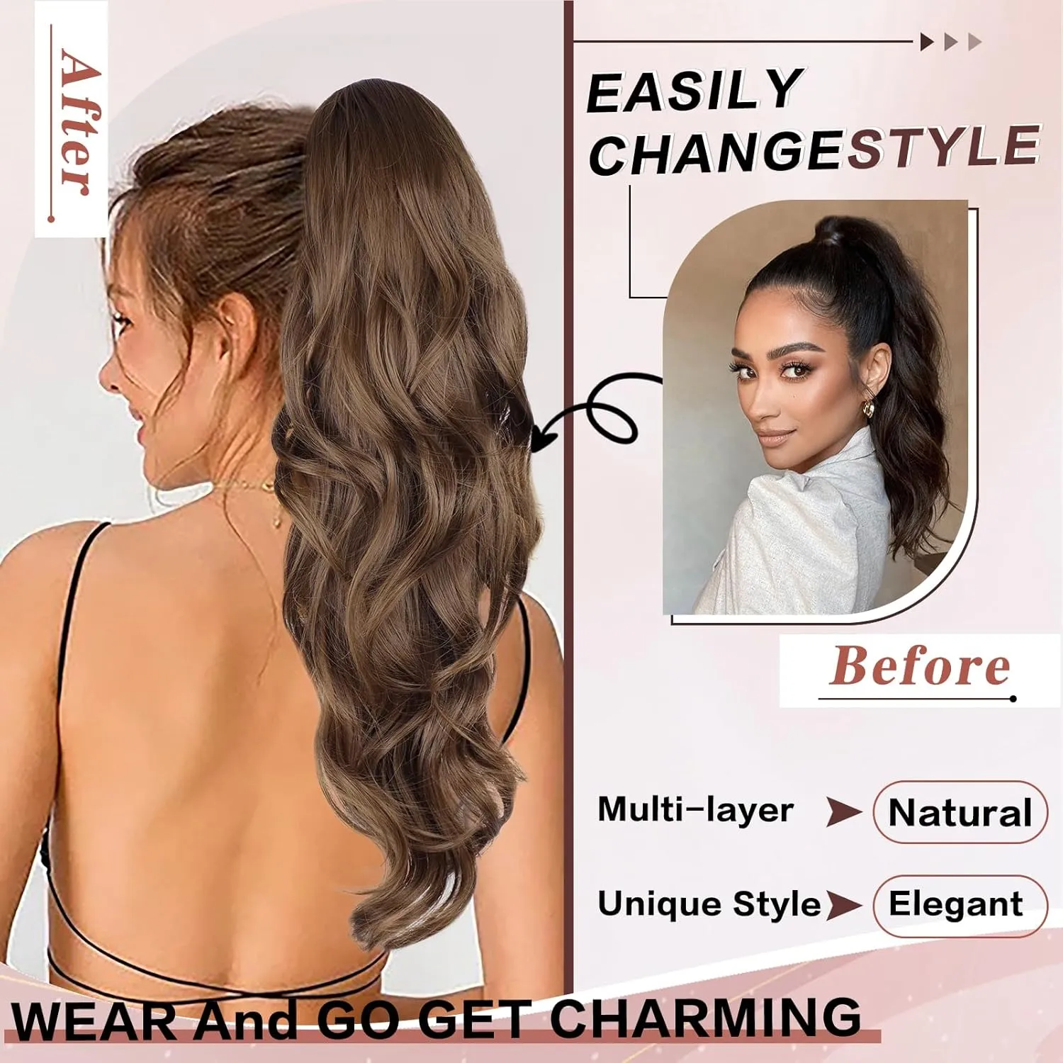 Ponytail Extension, Drawstring Ponytail Extension for Women 26 Inch Long Wavy Light Brown Pony Tails Hair Extensions Synthetic Clip in Ponytail Hairpiece for Women