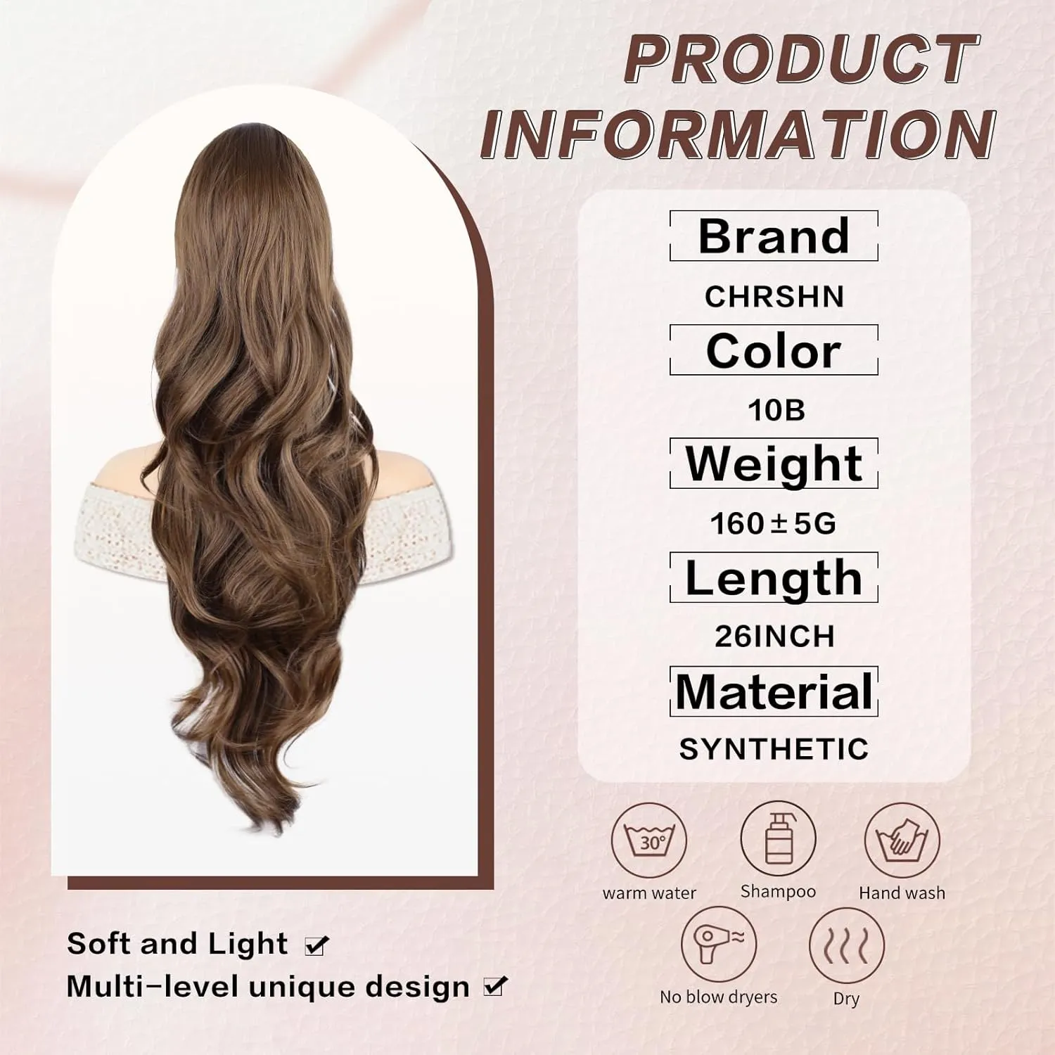 Ponytail Extension, Drawstring Ponytail Extension for Women 26 Inch Long Wavy Light Brown Pony Tails Hair Extensions Synthetic Clip in Ponytail Hairpiece for Women