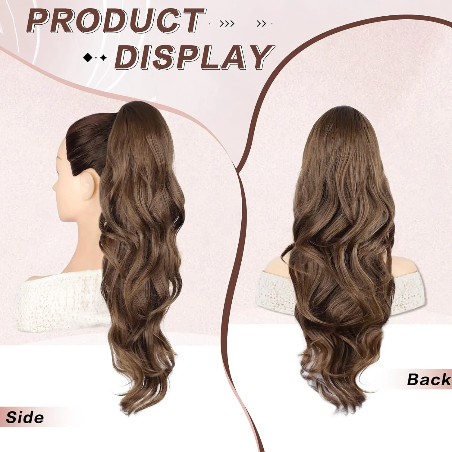 Ponytail Extension, Drawstring Ponytail Extension for Women 26 Inch Long Wavy Light Brown Pony Tails Hair Extensions Synthetic Clip in Ponytail Hairpiece for Women