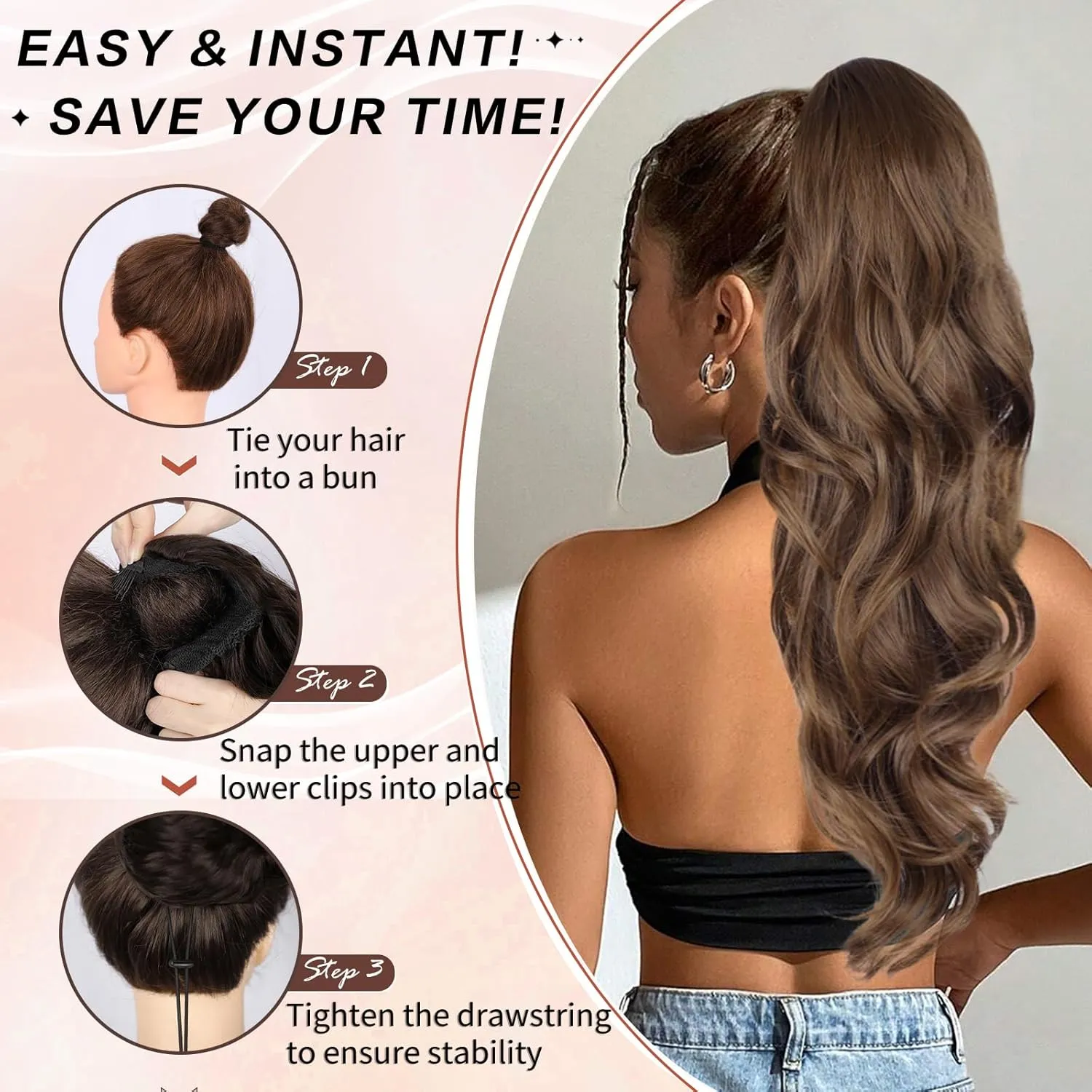Ponytail Extension, Drawstring Ponytail Extension for Women 26 Inch Long Wavy Light Brown Pony Tails Hair Extensions Synthetic Clip in Ponytail Hairpiece for Women
