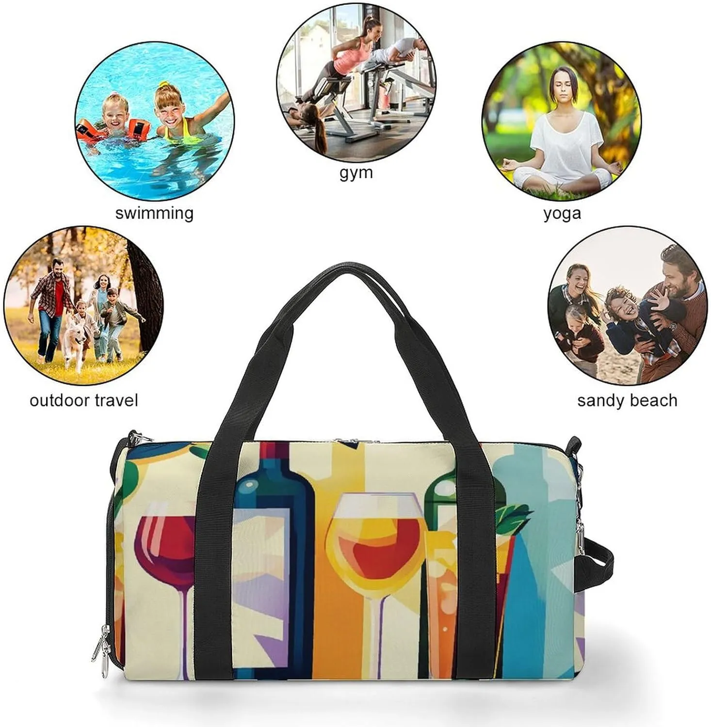 Pop Art Poster of Wine Bottles Fitness Large Gym Bag for Unisex with Shoe Compartment & Wet Pocket