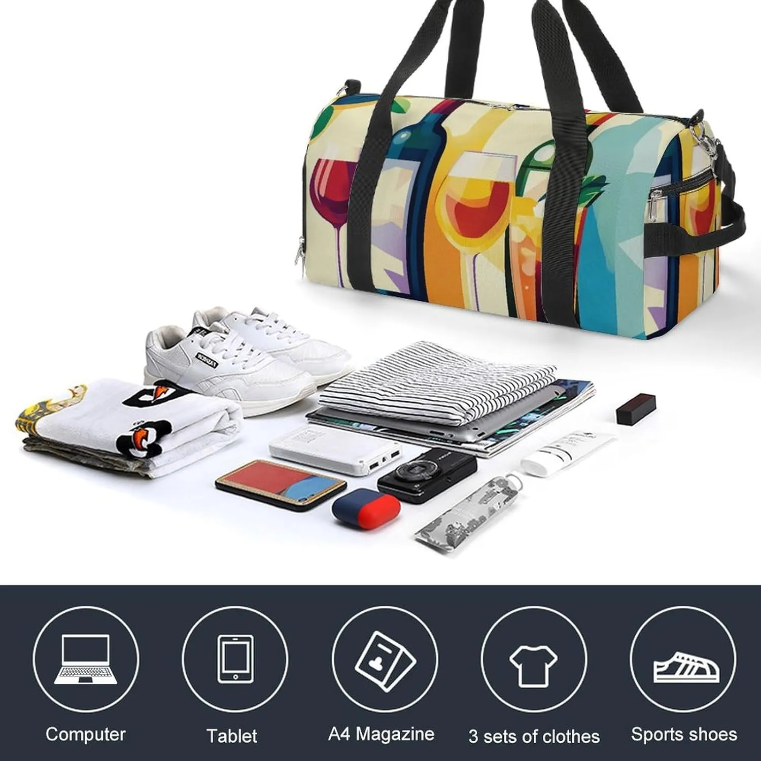 Pop Art Poster of Wine Bottles Fitness Large Gym Bag for Unisex with Shoe Compartment & Wet Pocket