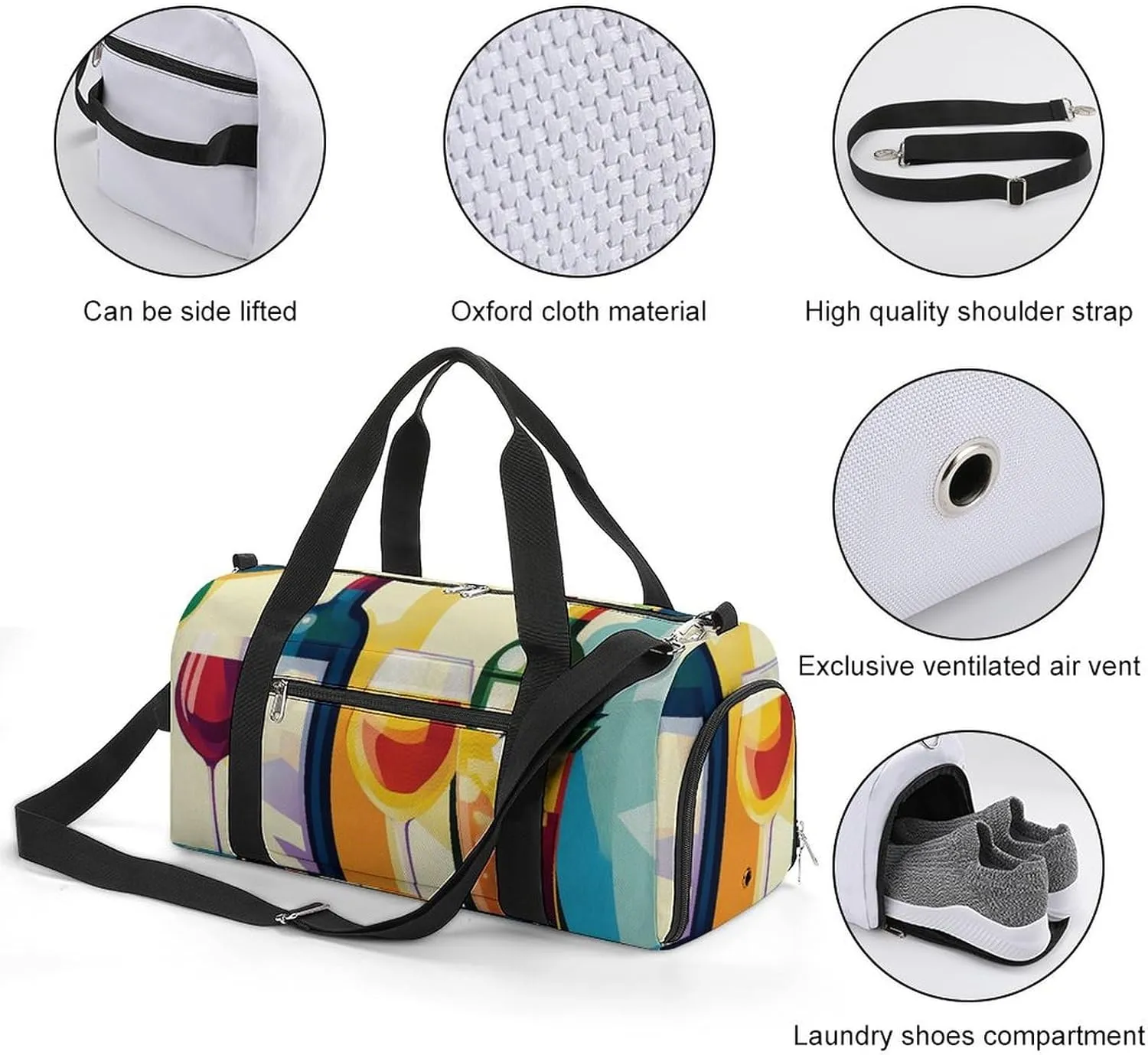 Pop Art Poster of Wine Bottles Fitness Large Gym Bag for Unisex with Shoe Compartment & Wet Pocket
