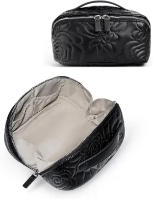 Popvibe Open Flat Makeup Bag Travel Cosmetic Case for Women, Large Capacity Toiletry Travel Bag with Zipper, Portable Aesthetic Floral Make Up Organizer Pouch for Toiletries Makeup Brush, Black Medium