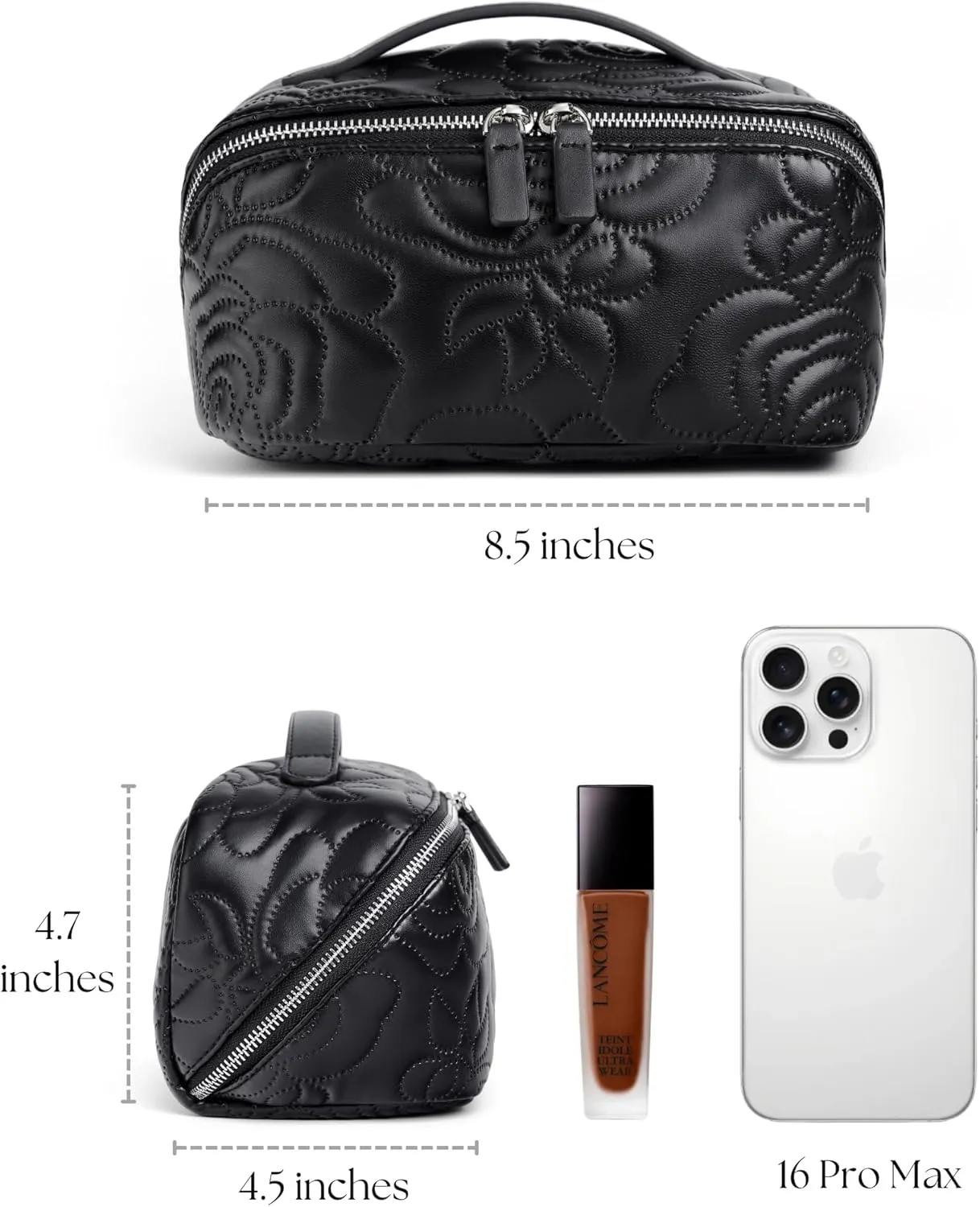 Popvibe Open Flat Makeup Bag Travel Cosmetic Case for Women, Large Capacity Toiletry Travel Bag with Zipper, Portable Aesthetic Floral Make Up Organizer Pouch for Toiletries Makeup Brush, Black Medium