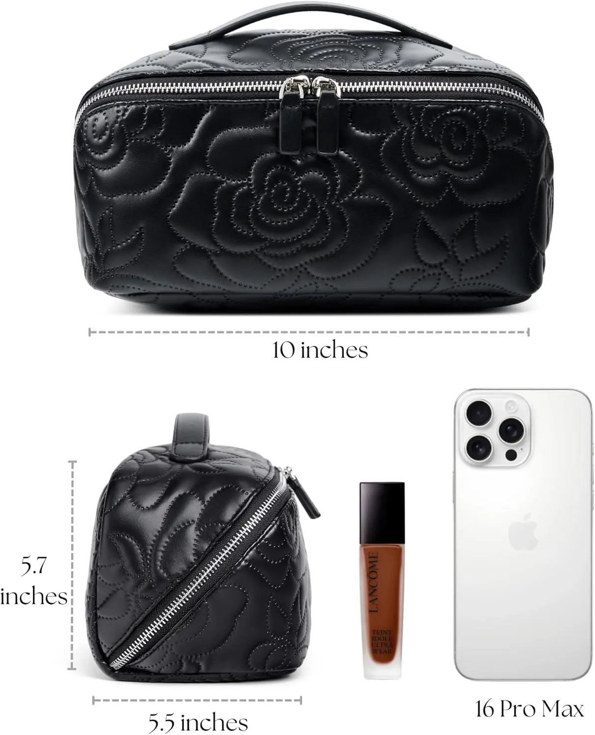Popvibe Open Flat Makeup Bag Travel Cosmetic Case for Women, Large Capacity Toiletry Travel Bag with Zipper, Portable Aesthetic Floral Make Up Organizer Pouch with Dividers & Handle, Black, Large