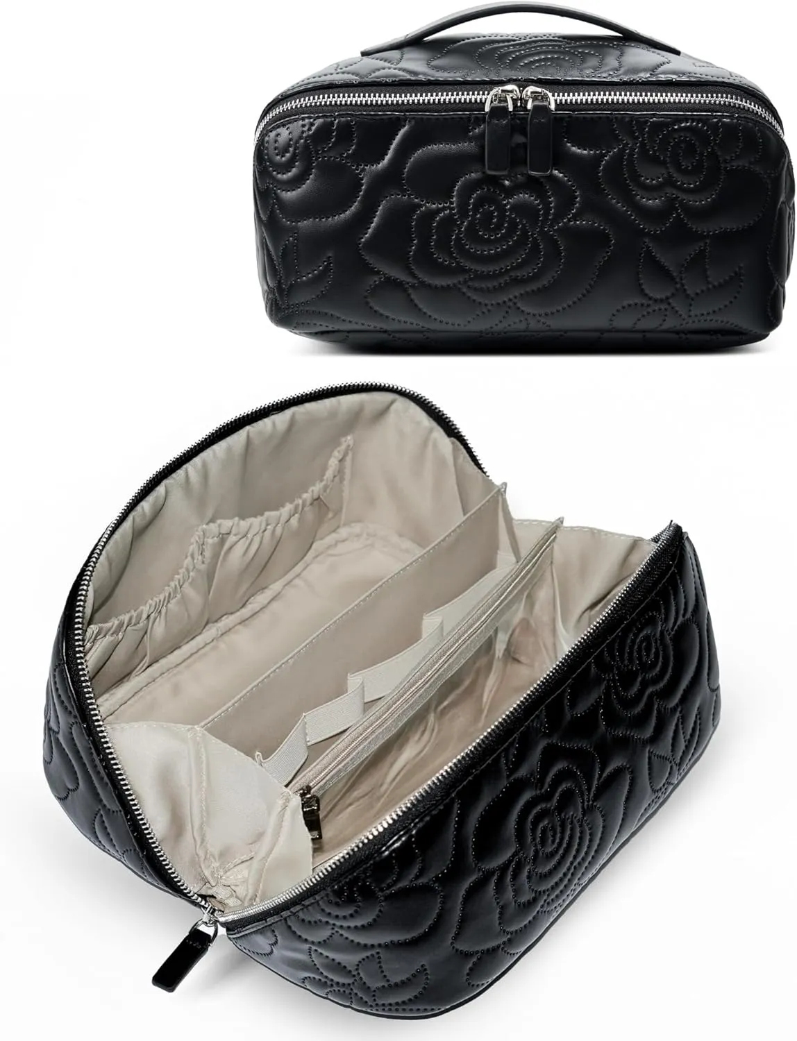 Popvibe Open Flat Makeup Bag Travel Cosmetic Case for Women, Large Capacity Toiletry Travel Bag with Zipper, Portable Aesthetic Floral Make Up Organizer Pouch with Dividers & Handle, Black, Large