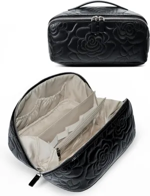 Popvibe Open Flat Makeup Bag Travel Cosmetic Case for Women, Large Capacity Toiletry Travel Bag with Zipper, Portable Aesthetic Floral Make Up Organizer Pouch with Dividers & Handle, Black, Large
