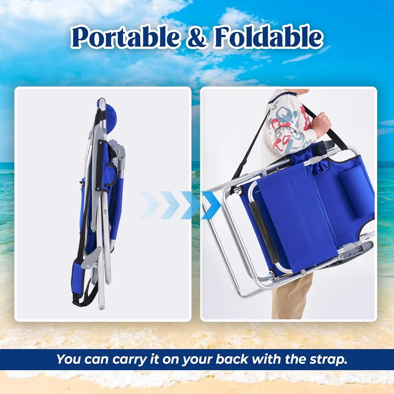 Portable Camping Beach Chair for Adults, Outdoor Lay Flat Beach Lounge Chair Folding Beach Chairs with Footrest, 4 Positions Backpack Beach Chair with Towel Bar, Cooler Pouch, Cup Holder, Blue