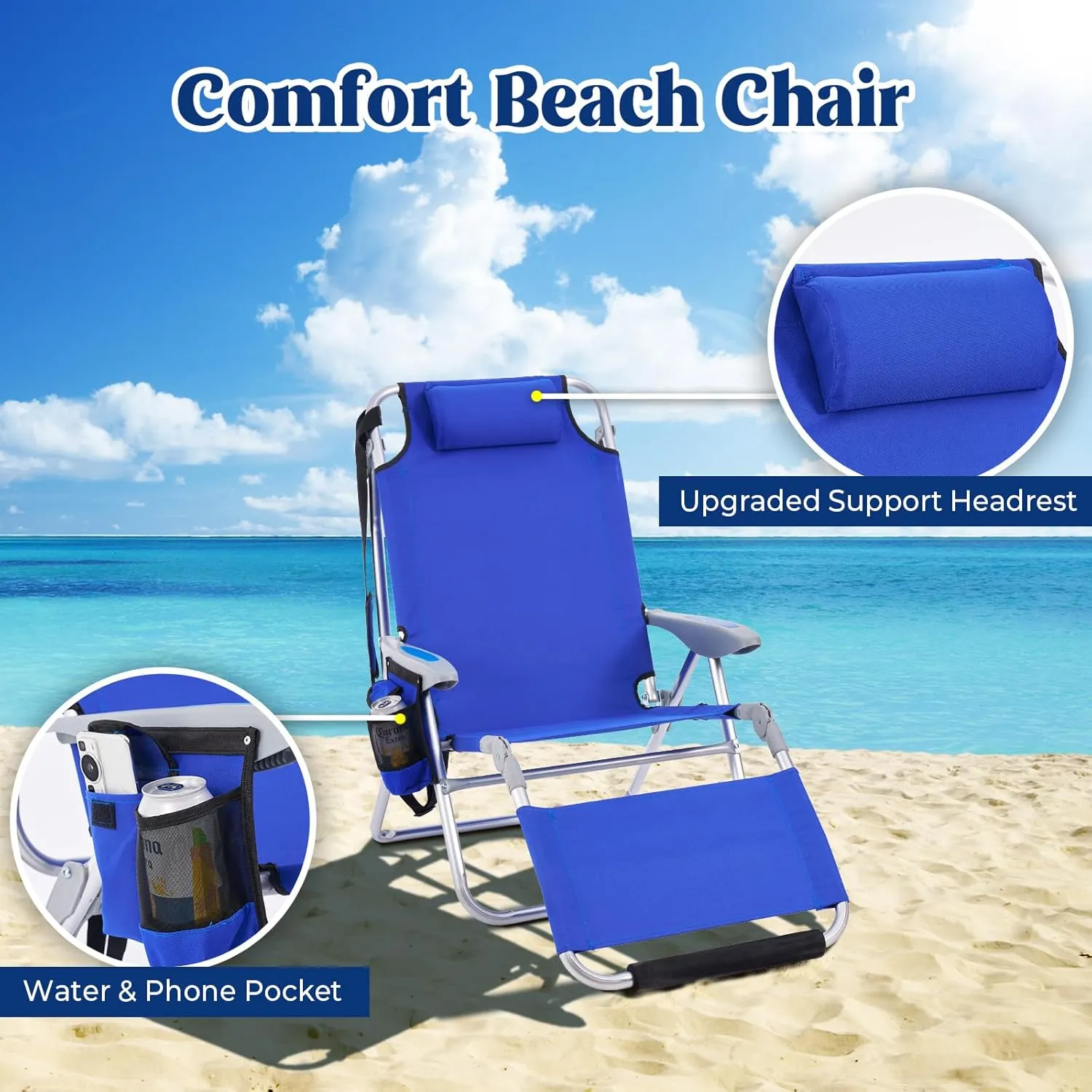 Portable Camping Beach Chair for Adults, Outdoor Lay Flat Beach Lounge Chair Folding Beach Chairs with Footrest, 4 Positions Backpack Beach Chair with Towel Bar, Cooler Pouch, Cup Holder, Blue