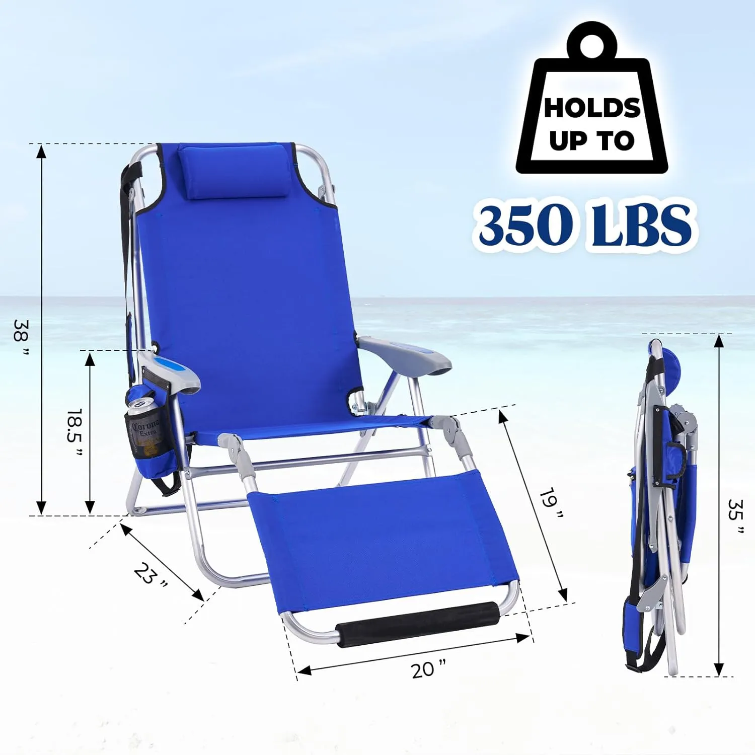 Portable Camping Beach Chair for Adults, Outdoor Lay Flat Beach Lounge Chair Folding Beach Chairs with Footrest, 4 Positions Backpack Beach Chair with Towel Bar, Cooler Pouch, Cup Holder, Blue
