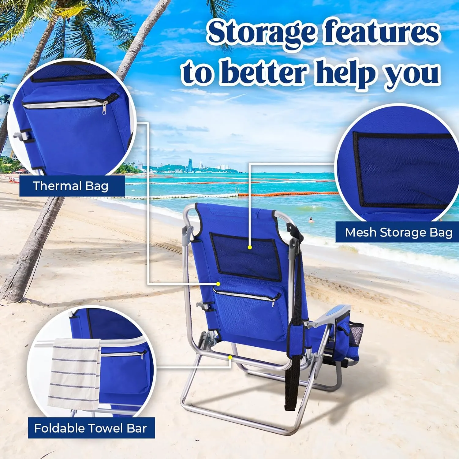 Portable Camping Beach Chair for Adults, Outdoor Lay Flat Beach Lounge Chair Folding Beach Chairs with Footrest, 4 Positions Backpack Beach Chair with Towel Bar, Cooler Pouch, Cup Holder, Blue