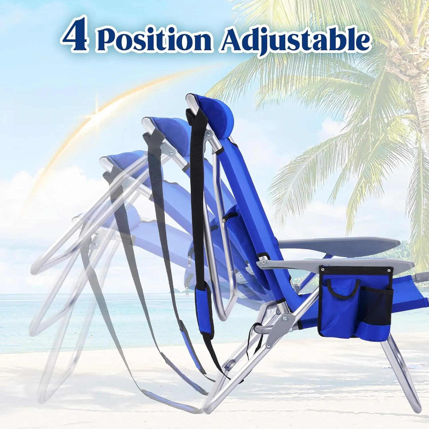 Portable Camping Beach Chair for Adults, Outdoor Lay Flat Beach Lounge Chair Folding Beach Chairs with Footrest, 4 Positions Backpack Beach Chair with Towel Bar, Cooler Pouch, Cup Holder, Blue