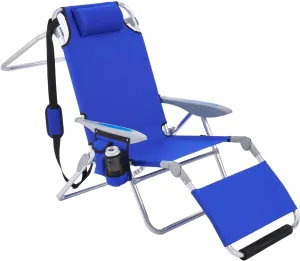 Portable Camping Beach Chair for Adults, Outdoor Lay Flat Beach Lounge Chair Folding Beach Chairs with Footrest, 4 Positions Backpack Beach Chair with Towel Bar, Cooler Pouch, Cup Holder, Blue