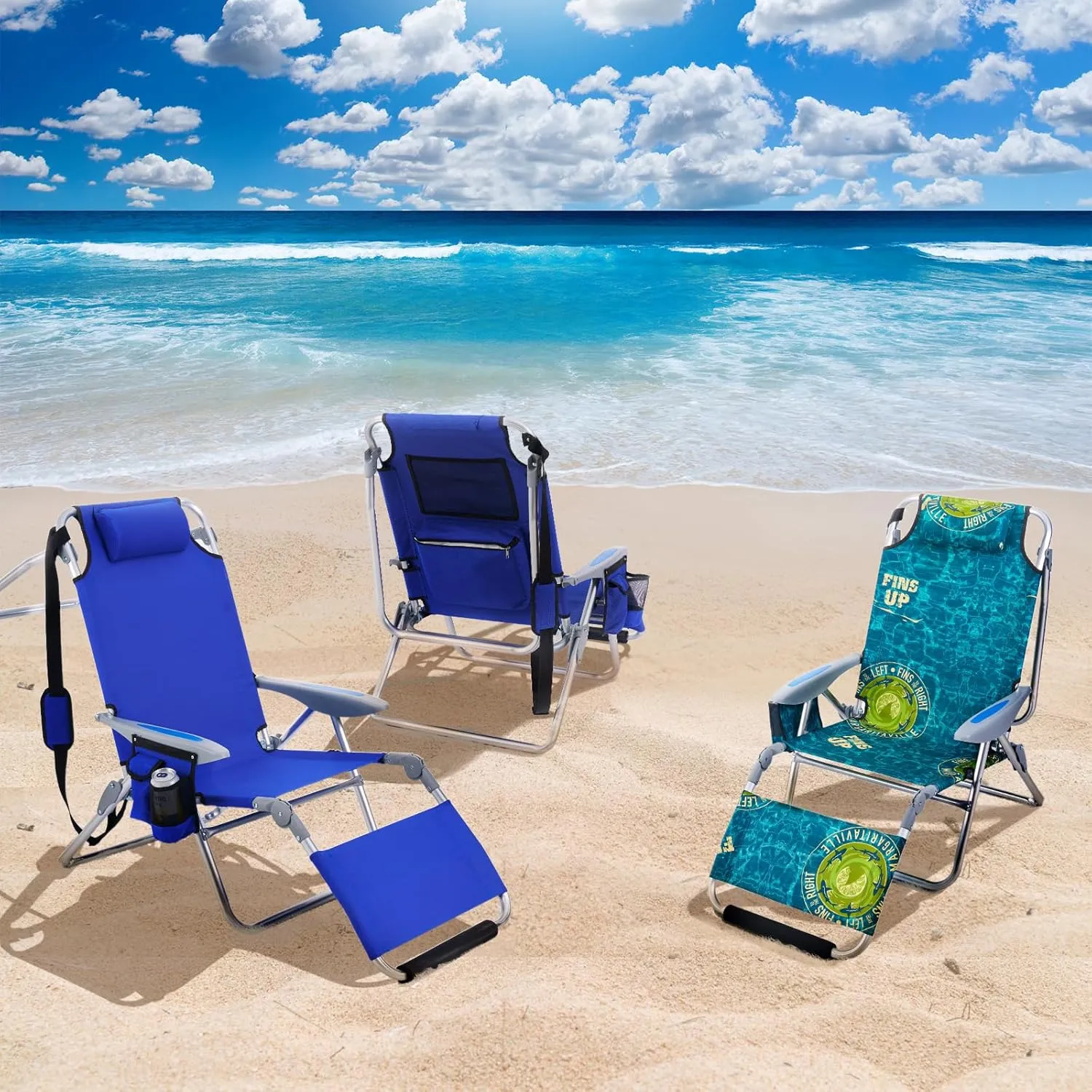 Portable Camping Beach Chair for Adults, Outdoor Lay Flat Beach Lounge Chair Folding Beach Chairs with Footrest, 4 Positions Backpack Beach Chair with Towel Bar, Cooler Pouch, Cup Holder, Blue