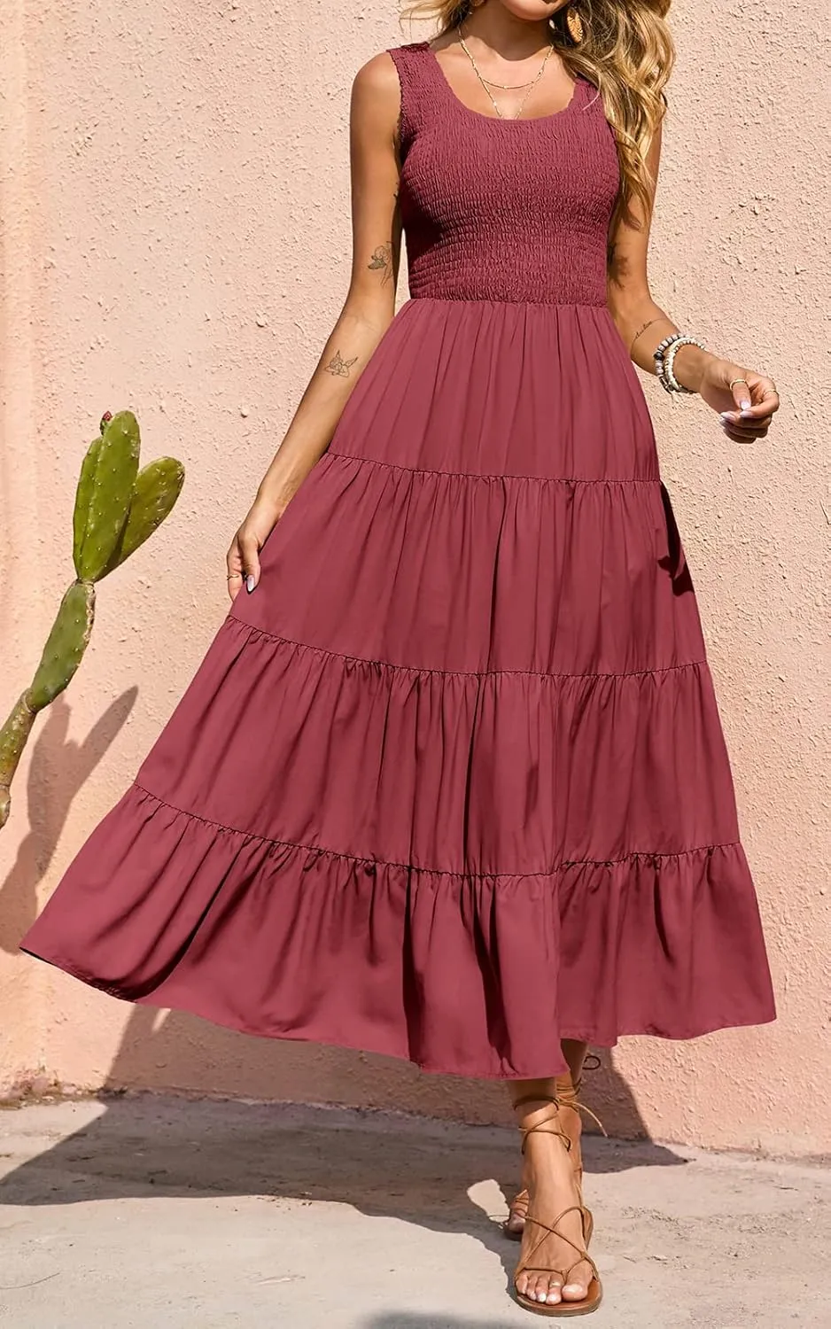 PRETTYGARDEN Women's 2025 Casual Loose Plain Maxi Sundress Smocked Tank Dress Sleeveless Summer Beach Tiered Long Dresses