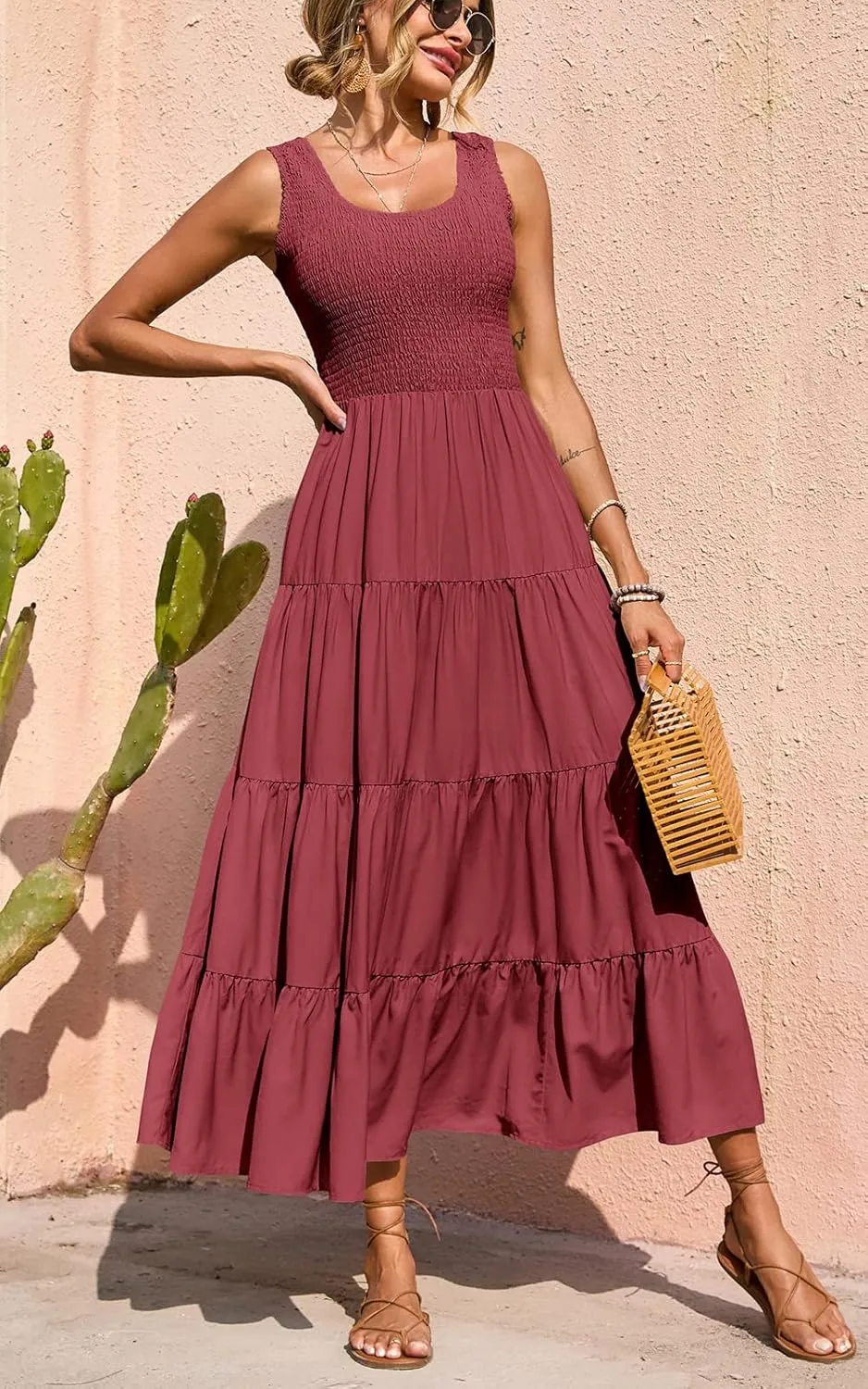PRETTYGARDEN Women's 2025 Casual Loose Plain Maxi Sundress Smocked Tank Dress Sleeveless Summer Beach Tiered Long Dresses