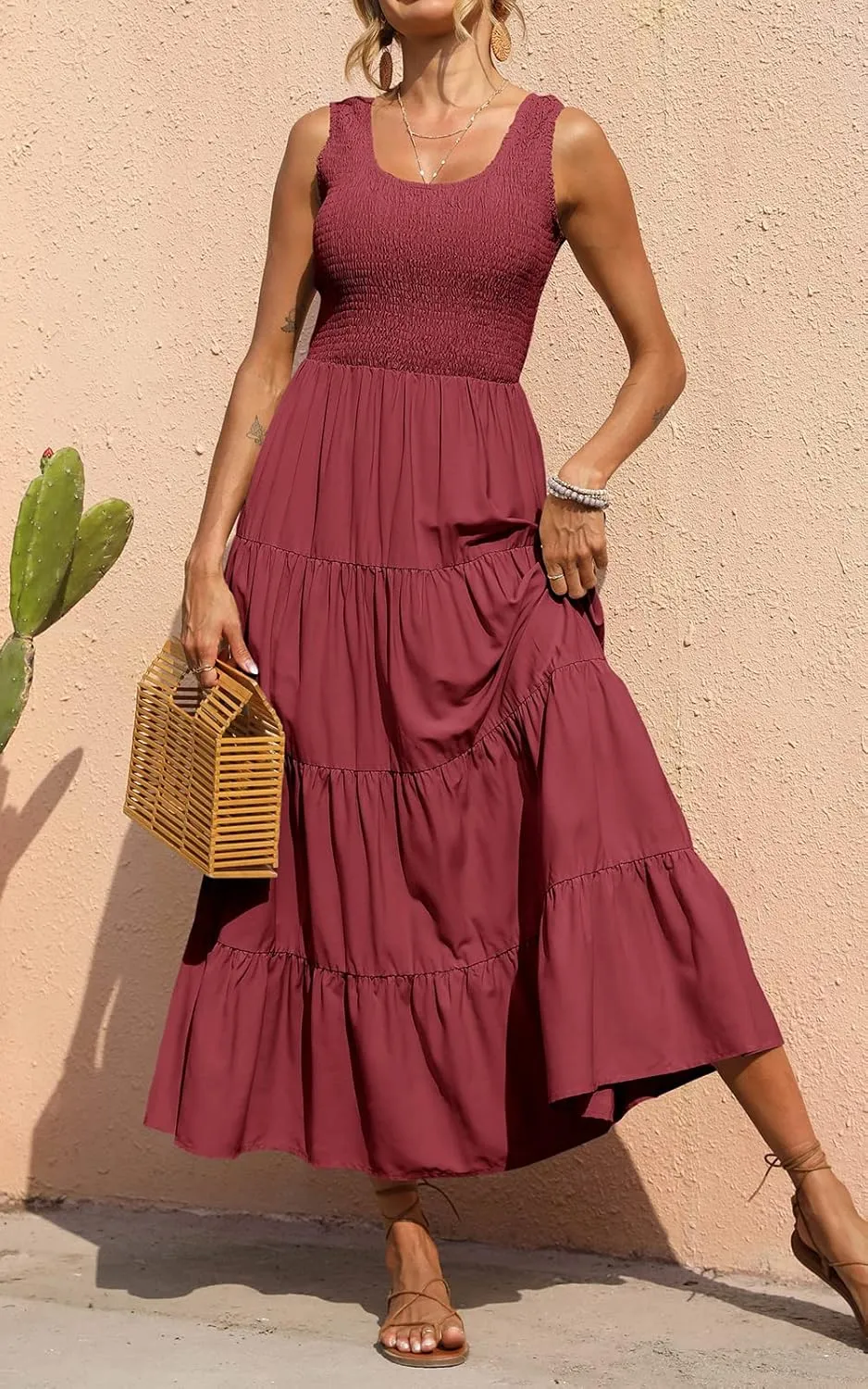 PRETTYGARDEN Women's 2025 Casual Loose Plain Maxi Sundress Smocked Tank Dress Sleeveless Summer Beach Tiered Long Dresses