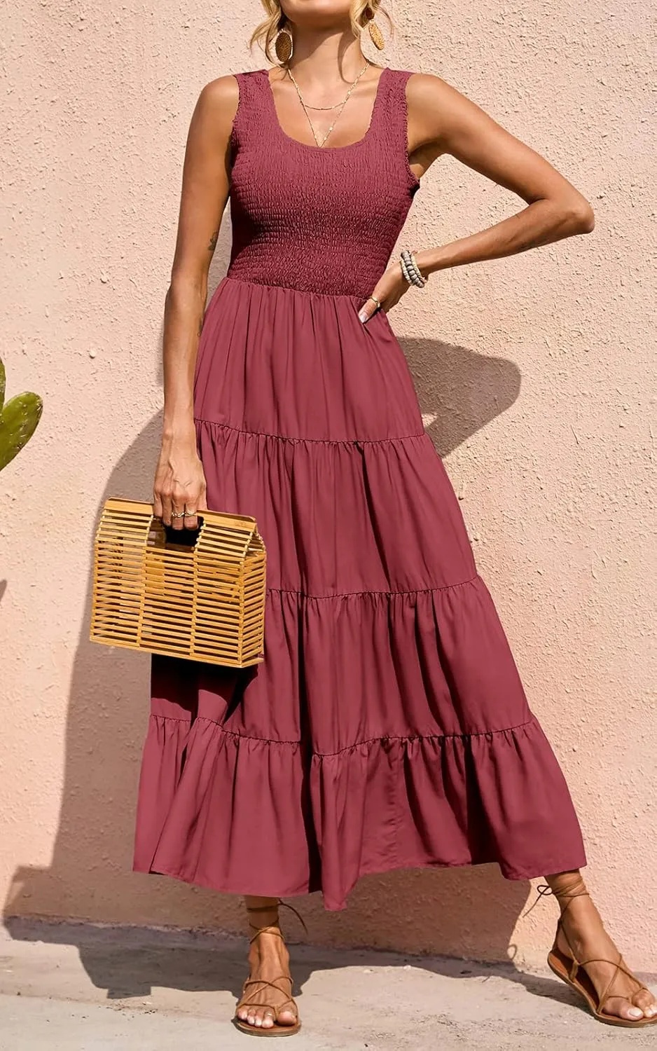 PRETTYGARDEN Women's 2025 Casual Loose Plain Maxi Sundress Smocked Tank Dress Sleeveless Summer Beach Tiered Long Dresses